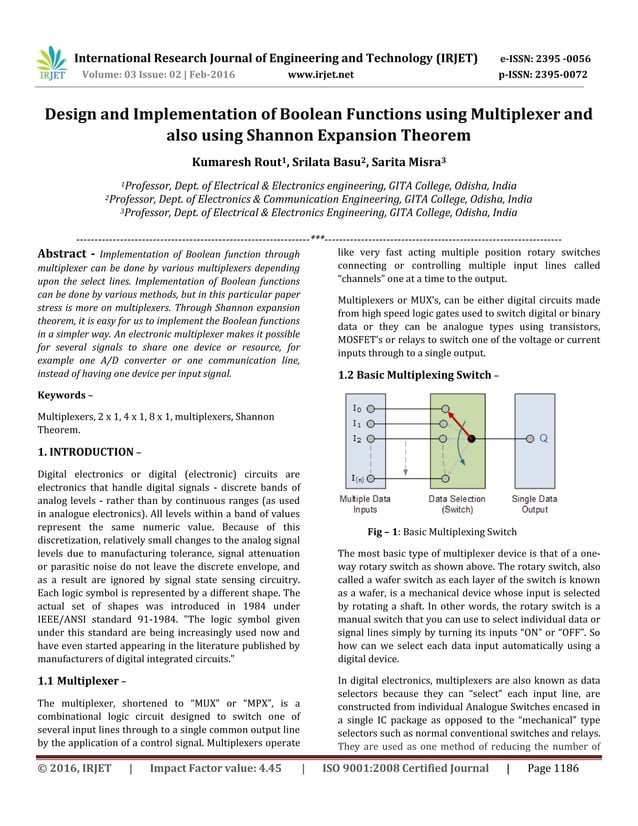 Design and Implementation of Boolean Functions using Multiplexer and ...