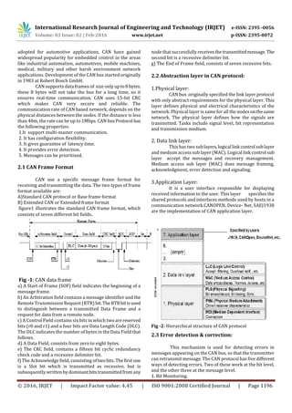 International Research Journal of Engineering and Technology (IRJET) e-ISSN: 2395 -0056
Volume: 03 Issue: 02 | Feb-2016 www.irjet.net p-ISSN: 2395-0072
© 2016, IRJET | Impact Factor value: 4.45 | ISO 9001:2008 Certified Journal | Page 1196
adopted for automotive applications, CAN have gained
widespread popularity for embedded control in the areas
like industrial automation, automotives, mobile machines,
medical, military and other harsh environment network
applications. Development of the CAN bus started originally
in 1983 at Robert Bosch GmbH.
CAN supports data frames of size onlyupto8bytes.
these 8 bytes will not take the bus for a long time, so it
ensures real-time communication. CAN uses 15-bit CRC
which makes CAN very secure and reliable. The
communication rate of CAN based network, depends on the
physical distances between the nodes. If the distance is less
than 40m, the rate can be up to 1Mbps. CAN busProtocol has
the following properties:
1.It support multi-master communication.
2. It has configuration flexibility.
3. It gives guarantee of latency time.
4. It provides error detection.
5. Messages can be prioritized.
2.1 CAN Frame Format
CAN use a specific message frame format for
receiving and transmitting the data. The two types of frame
format available are:
A)Standard CAN protocol or Base frame format
B) Extended CAN or Extended frame format
figure1 illustrates the standard CAN frame format, which
consists of seven different bit fields.
Fig -1: CAN data frame
a) A Start of Frame (SOF) field indicates the beginning of a
message frame.
b) An Arbitration field contains a message identifier and the
Remote Transmission Request (RTR) bit.TheRTR bitisused
to distinguish between a transmitted Data Frame and a
request for data from a remote node.
c) A Control Field contains six bits in which twoarereserved
bits (r0 and r1) and a four bits are Data Length Code (DLC).
The DLC indicates the number of bytes in the Data Field that
follows.
d) A Data Field, consists from zero to eight bytes.
e) The CRC field, contains a fifteen bit cyclic redundancy
check code and a recessive delimiter bit.
f) The Acknowledge field, consisting oftwo bits.Thefirst one
is a Slot bit which is transmitted as recessive, but is
subsequently written bydominant bitstransmittedfrom any
node that successfullyreceivesthetransmittedmessage. The
second bit is a recessive delimiter bit.
g) The End of Frame field, consists of seven recessive bits.
2.2 Abstraction layer in CAN protocol:
1.Physical layer:
CAN bus originally specified the link layer protocol
with only abstract requirements for the physical layer. This
layer defines physical and electrical characteristics of the
network. Physical layer is same for all the nodes onthesame
network. The physical layer defines how the signals are
transmitted. Tasks include signal level, bit representation
and transmission medium.
2. Data link layer:
This has two sublayers,logical link control sublayer
and medium access sub layer (MAC). Logical link control sub
layer accept the messages and recovery management.
Medium access sub layer (MAC) does message framing,
acknowledgment, error detection and signaling.
3.Application Layer:
It is a user interface responsible for displaying
received information to the user. This layer specifies the
shared protocols and interfaces methods used by hosts in a
communication network.CANOPEN, Device- Net, SAEJ1938
are the implementation of CAN application layer.
Fig -2: Hierarchical structure of CAN protocol
2.3 Error detection & correction:
This mechanism is used for detecting errors in
messages appearing on the CAN bus, so that the transmitter
can retransmit message. The CAN protocol has five different
ways of detecting errors. Two of these work at the bit level,
and the other three at the message level.
1. Bit Monitoring.
 