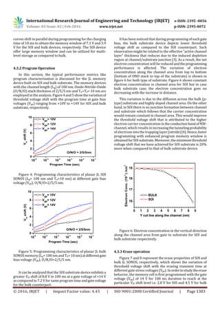 International Research Journal of Engineering and Technology (IRJET) e-ISSN: 2395 -0056
Volume: 03 Issue: 02 | Feb-2016 www.irjet.net p-ISSN: 2395-0072
© 2016, IRJET | Impact Factor value: 4.45 | ISO 9001:2008 Certified Journal | Page 1383
curves shift in parallel during programming for the charging
time of 10 ms to obtain the memory window of 7.1 V and 5.9
V for the SOI and bulk devices, respectively. The SOI device
offer large memory window and can be utilized for multi-
level storage as compared to bulk.
4.3.2 Program Operation
In this section, the typical performance metrics like
program characterization is discussed for the JL memory
device built on SOI and bulk substrate. The memory devices
with the channel length (Lg) of 100 nm, Oxide-Nitride-Oxide
(O/N/O) stack thickness of 2/5/5 nm and Tsi=Tb= 10 nm are
employed in the analysis. Figure4and5showthevariationof
threshold voltage shift with the program time at gate bias
voltages (Vgp) ranging from +10V to +14V for SOI and bulk
substrate, respectively.
Figure 4: Programming characteristics of planar JL SOI
SONOS (Lg= 100 nm and Tsi=10 nm) at different gate bias
voltage (Vgp), O/N/O=2/5/5 nm.
Figure 5: Programming characteristics of planar JL bulk
SONOS memory (Lg= 100 nm and Tb= 10nm)atdifferentgate
bias voltage (Vgp), O/N/O=2/5/5 nm.
It can be analyzed that the SOI substrate device exhibits a
greater Vth shift of 8.8 V in 100 ms at a gate voltage of +14 V
ascompared to 7.2 V for same program timeandgatevoltage
for the bulk counterpart.
It has been noticed that during programming of eachgate
bias, the bulk substrate device depicts lower threshold
voltage shift as compared to the SOI counterpart. Such
observation might be related to the effective “active channel
layer” thickness that reduces due to the induced depletion
region at channel/substrate junction [3]. As a result, the net
electron concentration will be reducedandtheprogramming
performance is affected. The variation of electron
concentration along the channel area from top to bottom
(bottom of ONO stack to top of the substrate) is shown in
figure 6 for both type of substrate. Figure 6 shows constant
electron concentration in channel area for SOI but in case
bulk substrate case, the electron concentration goes on
decreasing with the increase in distance.
This variation is due to the diffusion across the bulk (p-
type) substrate and highly doped channel area. On the other
hand, in SOI there is no junction formation between channel
and substrate which follows that the carrier concentration
would remain constant in channel area. This would improve
the threshold voltage shift that is attributed to the higher
electron carrier concentration intheconductionbandofNW-
channel, which results in increasingthetunnelingprobability
of electrons into the trapping layer (nitride)[4].Hence,faster
programming with enhanced program memory window is
obtainedforSOIsubstrate.Moreover,theminimumthreshold
voltage shift that we have achieved for SOI substrate is 20%
more when compared to that of bulk substrate device.
Figure 6: Electron concentration in the vertical direction
along the channel area from gate to substrate for SOI and
bulk substrate respectively.
4.3.3 Erase operation
Figure 7 and 8 represent the erase properties of SOI and
bulk JL SONOS, respectively, which shows the variation of
threshold voltage shift with the erasing transient time at
different gatestress voltages (Vge). Inordertostudytheerase
behavior, the memory cell is first programmed with the gate
voltage (Vgp) of 14 V for 100 ms duration to reach at the
particular Vth shift level i.e. 2.0 V for SOI and 4.5 V for bulk
 