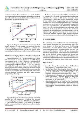 International Research Journal of Engineering and Technology (IRJET) e-ISSN: 2395 -0056
Volume: 03 Issue: 02 | Feb-2016 www.irjet.net p-ISSN: 2395-0072
© 2016, IRJET | Impact Factor value: 4.45 | ISO 9001:2008 Certified Journal | Page 1385
electron density in the channel area. As a result, the total
thresholdvoltageshiftdecreases,andhencememorywindow
gets reduced. In this way, the P/E window can be optimized
according to the doping concentration.
Figure 10: Program characteristics of planar JL bulk
SONOS memory (Lg= 100 nm and Tb= 10 nm) at different
substratedoping concentration (6 X 1016cm-3 to9X1017cm-3
). The positive gate voltage (Vgp = 14 V) is applied while
maintaining the S/D at the ground potentialforFNtunneling.
4.3.6 Nanowire doping effects on Threshold voltageshift
Figure 11 illustrates the Program characteristics of the
SOI memory cell to analyze the impact of Si-NW doping
concentration on the Vth shift. The device is programmed at
two different gatestress voltages of +12 V and +14Vwiththe
channel doping of 5 X 1018 cm-3 and 1 X 1019 cm-3 at a fixed
NW width of 10 nm. It can be observed that the higher NW
doping concentration exhibits quiet larger threshold voltage
shift at both the gate stress voltages. Higher doping provides
abundance of carriers in the channel region to enhance the
electron tunneling probability and hence leads to better
programming efficiency.
Figure 11: ProgramcharacteristicsofplanarJLSOISONOS
memory (Lg= 100 nm and Tb= 10 nm) at two different
nanowire doping concentration (5 X 1018 cm-3 to 1 X 1019 cm-
3). The positive gate voltage (Vgp = 12 V and Vgp = 14 V) is
applied while maintaining the S/D at thegroundpotentialfor
FN tunneling.
At the end, chapter concludes with the investigation of
P/E characteristics of JLNW SONOS device with SOIandbulk
substrate. The results of 2-D device simulation have
compared the SOI device with the bulk counterpart. The SOI
devices exhibits faster programming behavior and can be
operated with a much reduced programvoltage.Ontheother
hand the erase performanceofbulksubstrateoveraspecified
erase time is quiet faster in bulk. Additionally, in bulk type
SONOS, the effective channel thickness is reduced due to the
formation of channel/substrate junction. One additional
parameter i.e. substrate doping concentration (Nbulk) can be
adjusted to get optimized memory device performance in
case of bulk. Moreover, the affect of NW doping on program
characteristics have been discussed for the bulk type device.
3. CONCLUSIONS
The JL memory device has been built over silicon bulk (p-
type) and its comparison with SOI type SONOS device has
been discussed in detail and have made the following
conclusions: (a) SOI device shows better program
performance with higher threshold voltage shift, (b) The
erasing is efficiently done with the bulk type device, i.e. the
device can be fully erased due to more hole concentration,
and (c) The retention is same for both type because the
retention mainly depends on the ONO stack width and it is
considered same for both devices. These parameters would
be adjusted so as to make the device performance efficient.
REFERENCES
[1] Jiunn-Ren Hwang, Tsung-Lin Lee, Huan-Chi Ma;20nm
Gate bulkFinFET SONOS Flash; IEEE , 2005 .
[2] Kai Su, Tzu-I Tsai, Chun-Jung Su, Horng-Chih Lin, &
TiaoYuan Huang;Fabrication and Characterization of a
Junctionless SONOS Transistor with Poly-Si Nanowire
Channels; Nanoelectronics Conference (INEC), 2011.
[3] S. Gundapaneni S. Ganguly, Anil Kottantharayil; Bulk
Planar Junctionless Transistor (BPJLT):An Attractive
Device Alternative for Scaling; IEEE Electron Device
Letters, vol. 32, no. 3, March 2011.
[4] Chun-Jung Su, Tuan-Kai Su,Tzu-ITsai,Tiao-YuanHuang,
and Horng-Chih Lin; A junctionless SONOS nonvolatile
memory device constructed within situ-doped
polycrystalline silicon nanowires; Nanoscale Research
Letters, 2012
 