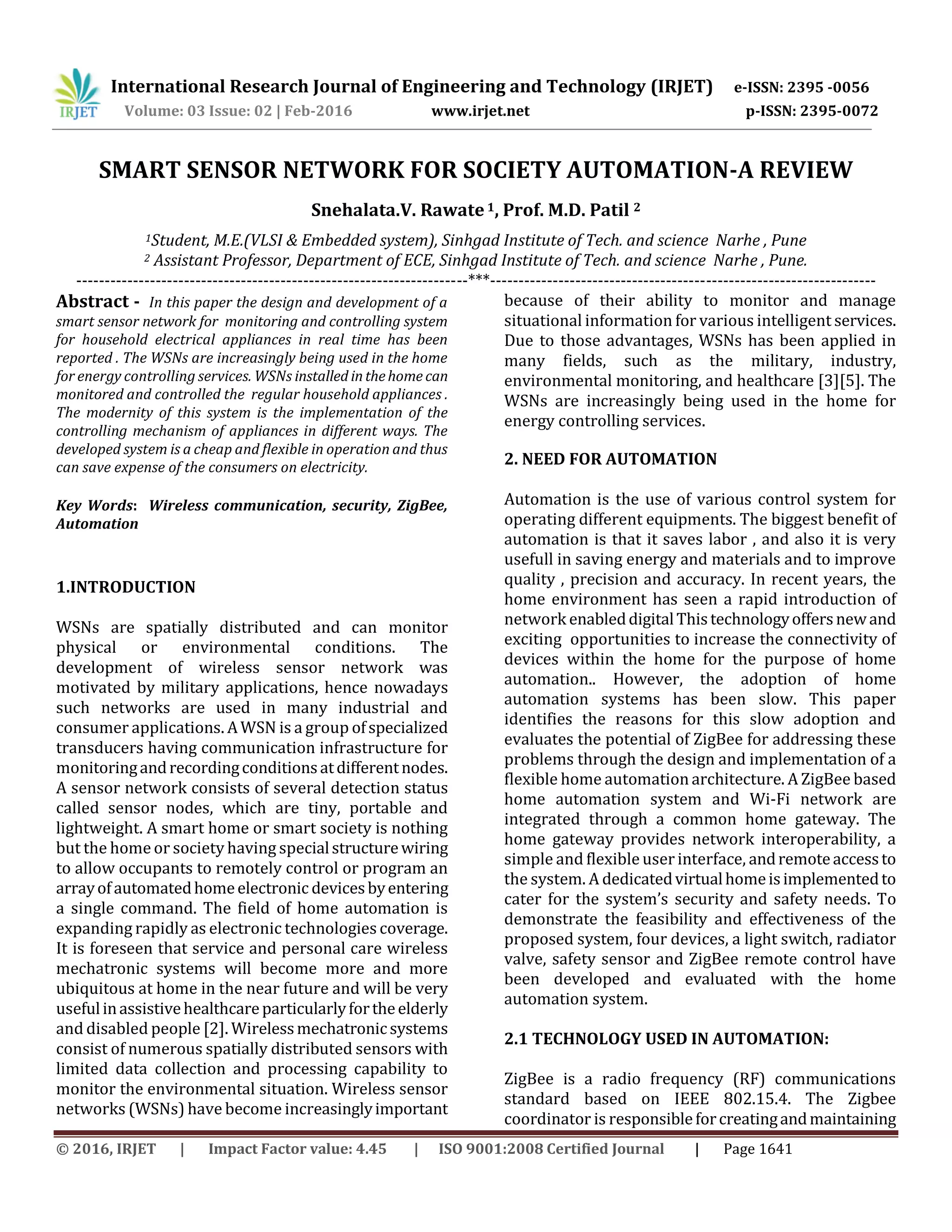 Smart Sensor Network for Society Automation-A Review | PDF