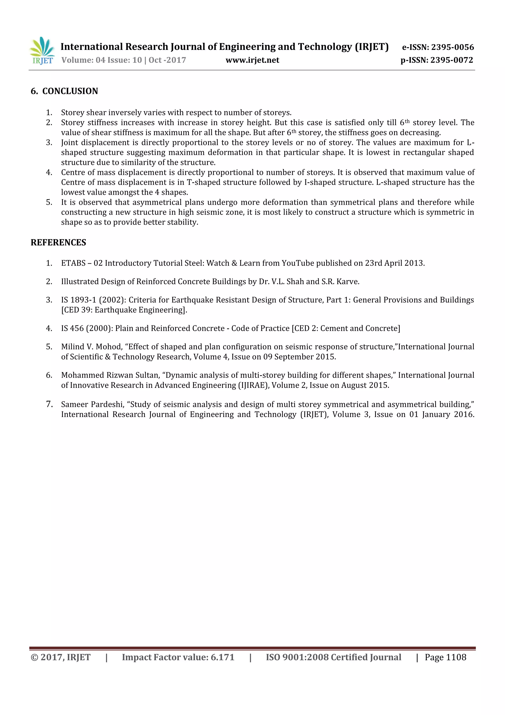 International Research Journal of Engineering and Technology (IRJET) e-ISSN: 2395-0056
Volume: 04 Issue: 10 | Oct -2017 www.irjet.net p-ISSN: 2395-0072
© 2017, IRJET | Impact Factor value: 6.171 | ISO 9001:2008 Certified Journal | Page 1108
6. CONCLUSION
1. Storey shear inversely varies with respect to number of storeys.
2. Storey stiffness increases with increase in storey height. But this case is satisfied only till 6th storey level. The
value of shear stiffness is maximum for all the shape. But after 6th storey, the stiffness goes on decreasing.
3. Joint displacement is directly proportional to the storey levels or no of storey. The values are maximum for L-
shaped structure suggesting maximum deformation in that particular shape. It is lowest in rectangular shaped
structure due to similarity of the structure.
4. Centre of mass displacement is directly proportional to number of storeys. It is observed that maximum value of
Centre of mass displacement is in T-shaped structure followed by I-shaped structure. L-shaped structure has the
lowest value amongst the 4 shapes.
5. It is observed that asymmetrical plans undergo more deformation than symmetrical plans and therefore while
constructing a new structure in high seismic zone, it is most likely to construct a structure which is symmetric in
shape so as to provide better stability.
REFERENCES
1. ETABS – 02 Introductory Tutorial Steel: Watch & Learn from YouTube published on 23rd April 2013.
2. Illustrated Design of Reinforced Concrete Buildings by Dr. V.L. Shah and S.R. Karve.
3. IS 1893-1 (2002): Criteria for Earthquake Resistant Design of Structure, Part 1: General Provisions and Buildings
[CED 39: Earthquake Engineering].
4. IS 456 (2000): Plain and Reinforced Concrete - Code of Practice [CED 2: Cement and Concrete]
5. Milind V. Mohod, “Effect of shaped and plan configuration on seismic response of structure,”International Journal
of Scientific & Technology Research, Volume 4, Issue on 09 September 2015.
6. Mohammed Rizwan Sultan, “Dynamic analysis of multi-storey building for different shapes,” International Journal
of Innovative Research in Advanced Engineering (IJIRAE), Volume 2, Issue on August 2015.
7. Sameer Pardeshi, “Study of seismic analysis and design of multi storey symmetrical and asymmetrical building,”
International Research Journal of Engineering and Technology (IRJET), Volume 3, Issue on 01 January 2016.
 