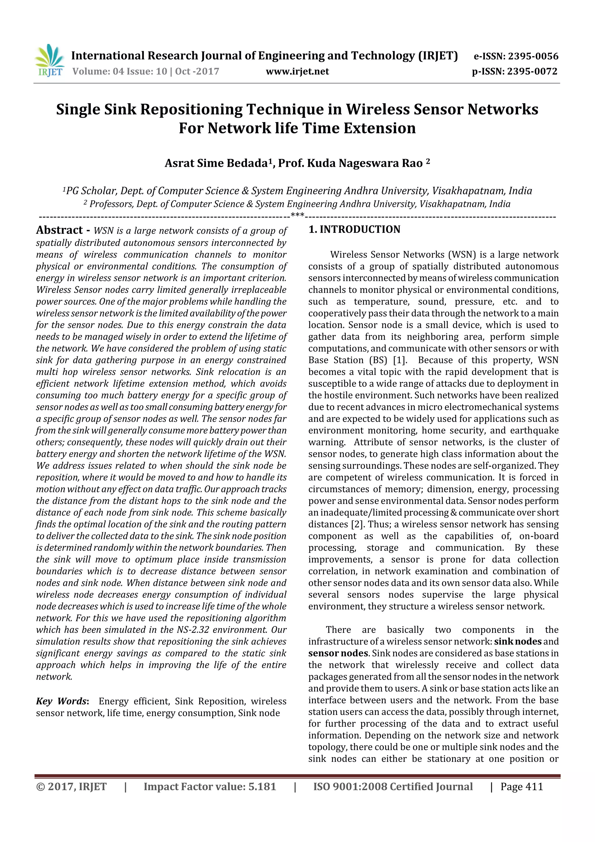 Single Sink Repositioning Technique in Wireless Sensor Networks for ...
