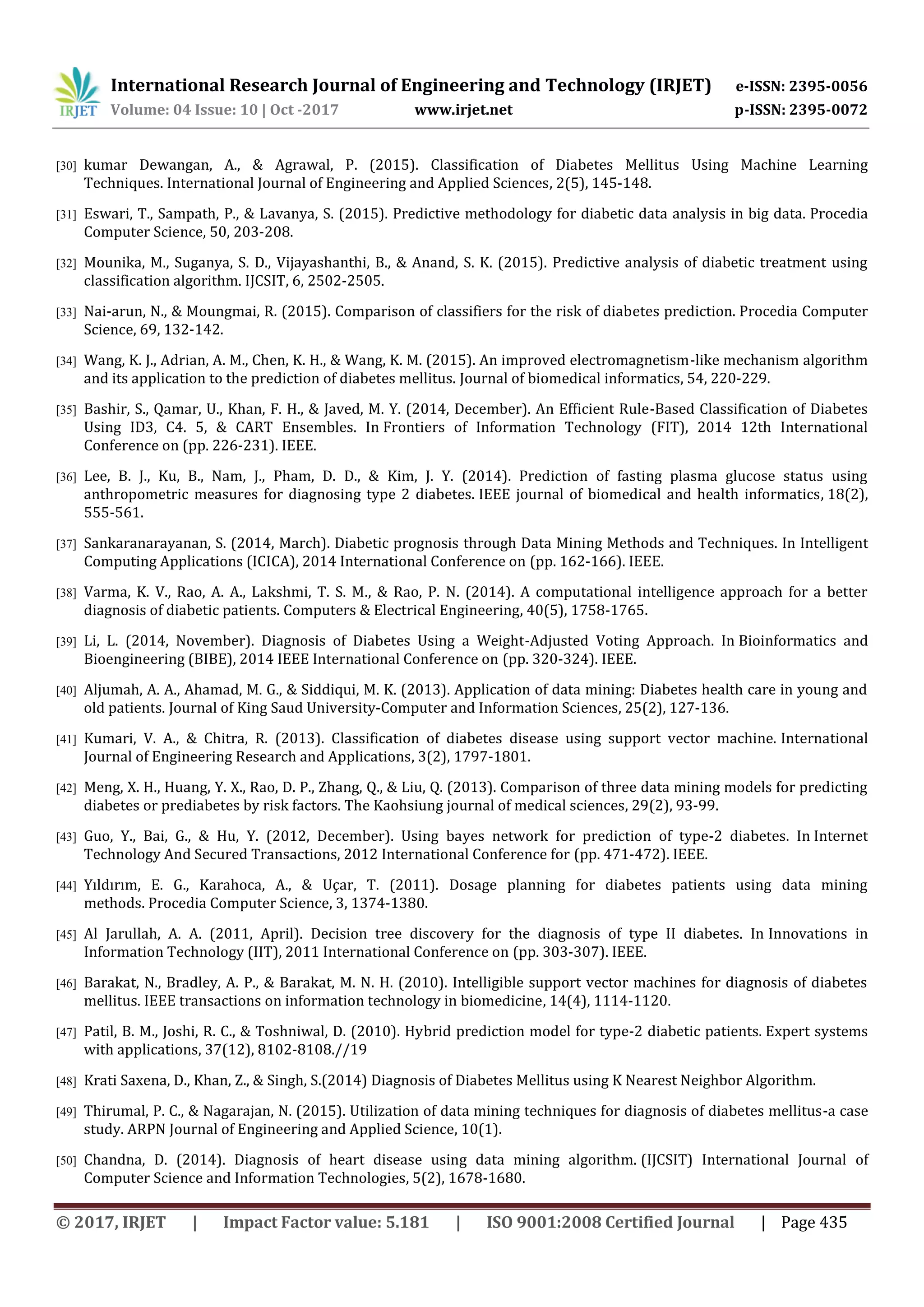 International Research Journal of Engineering and Technology (IRJET) e-ISSN: 2395-0056 Volume: 04 Issue: 10 | Oct -2017 www.irjet.net p-ISSN: 2395-0072 © 2017, IRJET | Impact Factor value: 5.181 | ISO 9001:2008 Certified Journal | Page 435 [30] kumar Dewangan, A., & Agrawal, P. (2015). Classification of Diabetes Mellitus Using Machine Learning Techniques. International Journal of Engineering and Applied Sciences, 2(5), 145-148. [31] Eswari, T., Sampath, P., & Lavanya, S. (2015). Predictive methodology for diabetic data analysis in big data. Procedia Computer Science, 50, 203-208. [32] Mounika, M., Suganya, S. D., Vijayashanthi, B., & Anand, S. K. (2015). Predictive analysis of diabetic treatment using classification algorithm. IJCSIT, 6, 2502-2505. [33] Nai-arun, N., & Moungmai, R. (2015). Comparison of classifiers for the risk of diabetes prediction. Procedia Computer Science, 69, 132-142. [34] Wang, K. J., Adrian, A. M., Chen, K. H., & Wang, K. M. (2015). An improved electromagnetism-like mechanism algorithm and its application to the prediction of diabetes mellitus. Journal of biomedical informatics, 54, 220-229. [35] Bashir, S., Qamar, U., Khan, F. H., & Javed, M. Y. (2014, December). An Efficient Rule-Based Classification of Diabetes Using ID3, C4. 5, & CART Ensembles. In Frontiers of Information Technology (FIT), 2014 12th International Conference on (pp. 226-231). IEEE. [36] Lee, B. J., Ku, B., Nam, J., Pham, D. D., & Kim, J. Y. (2014). Prediction of fasting plasma glucose status using anthropometric measures for diagnosing type 2 diabetes. IEEE journal of biomedical and health informatics, 18(2), 555-561. [37] Sankaranarayanan, S. (2014, March). Diabetic prognosis through Data Mining Methods and Techniques. In Intelligent Computing Applications (ICICA), 2014 International Conference on (pp. 162-166). IEEE. [38] Varma, K. V., Rao, A. A., Lakshmi, T. S. M., & Rao, P. N. (2014). A computational intelligence approach for a better diagnosis of diabetic patients. Computers & Electrical Engineering, 40(5), 1758-1765. [39] Li, L. (2014, November). Diagnosis of Diabetes Using a Weight-Adjusted Voting Approach. In Bioinformatics and Bioengineering (BIBE), 2014 IEEE International Conference on (pp. 320-324). IEEE. [40] Aljumah, A. A., Ahamad, M. G., & Siddiqui, M. K. (2013). Application of data mining: Diabetes health care in young and old patients. Journal of King Saud University-Computer and Information Sciences, 25(2), 127-136. [41] Kumari, V. A., & Chitra, R. (2013). Classification of diabetes disease using support vector machine. International Journal of Engineering Research and Applications, 3(2), 1797-1801. [42] Meng, X. H., Huang, Y. X., Rao, D. P., Zhang, Q., & Liu, Q. (2013). Comparison of three data mining models for predicting diabetes or prediabetes by risk factors. The Kaohsiung journal of medical sciences, 29(2), 93-99. [43] Guo, Y., Bai, G., & Hu, Y. (2012, December). Using bayes network for prediction of type-2 diabetes. In Internet Technology And Secured Transactions, 2012 International Conference for (pp. 471-472). IEEE. [44] Yıldırım, E. G., Karahoca, A., & Uçar, T. (2011). Dosage planning for diabetes patients using data mining methods. Procedia Computer Science, 3, 1374-1380. [45] Al Jarullah, A. A. (2011, April). Decision tree discovery for the diagnosis of type II diabetes. In Innovations in Information Technology (IIT), 2011 International Conference on (pp. 303-307). IEEE. [46] Barakat, N., Bradley, A. P., & Barakat, M. N. H. (2010). Intelligible support vector machines for diagnosis of diabetes mellitus. IEEE transactions on information technology in biomedicine, 14(4), 1114-1120. [47] Patil, B. M., Joshi, R. C., & Toshniwal, D. (2010). Hybrid prediction model for type-2 diabetic patients. Expert systems with applications, 37(12), 8102-8108.//19 [48] Krati Saxena, D., Khan, Z., & Singh, S.(2014) Diagnosis of Diabetes Mellitus using K Nearest Neighbor Algorithm. [49] Thirumal, P. C., & Nagarajan, N. (2015). Utilization of data mining techniques for diagnosis of diabetes mellitus-a case study. ARPN Journal of Engineering and Applied Science, 10(1). [50] Chandna, D. (2014). Diagnosis of heart disease using data mining algorithm. (IJCSIT) International Journal of Computer Science and Information Technologies, 5(2), 1678-1680. 