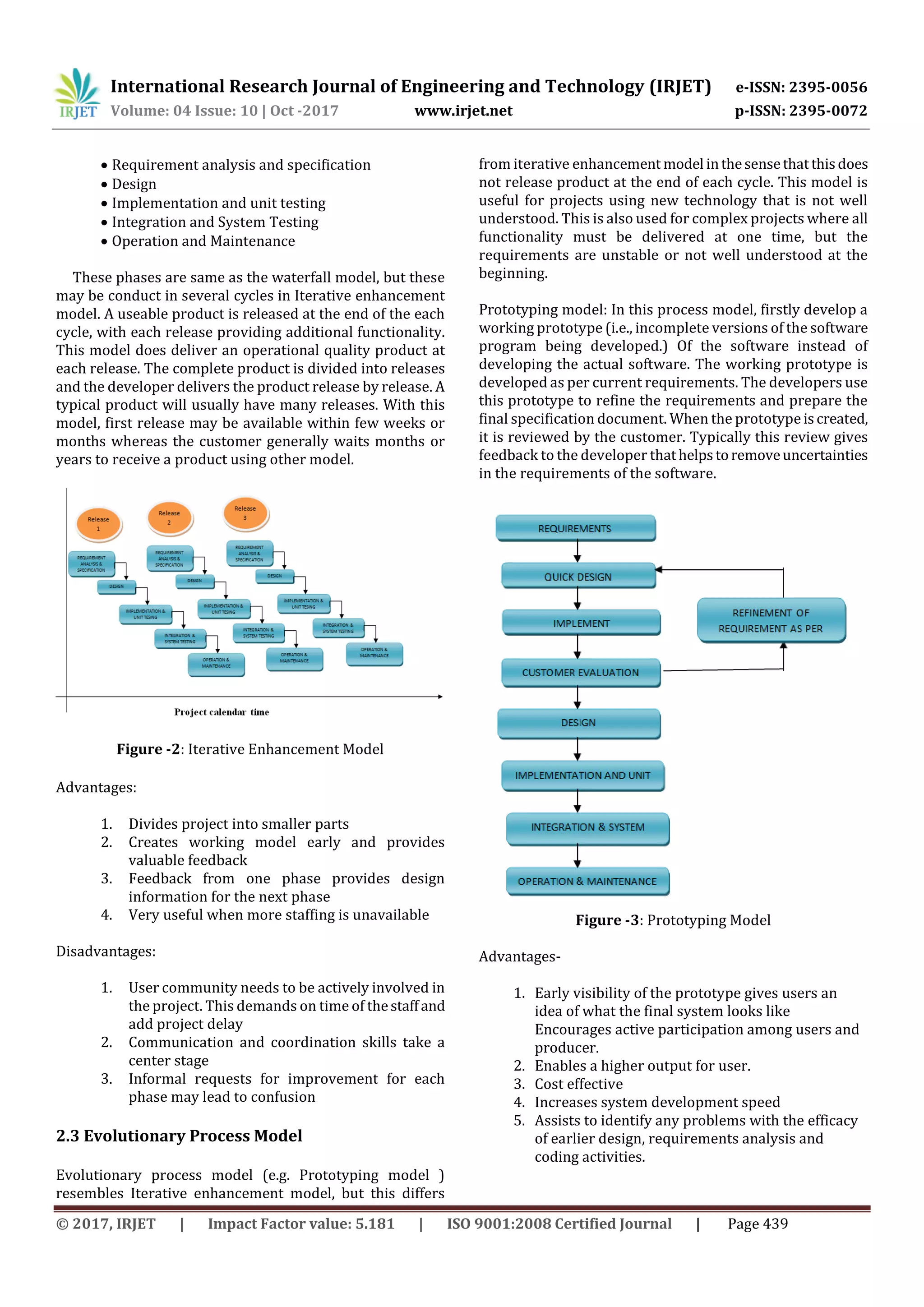 International Research Journal of Engineering and Technology (IRJET) e-ISSN: 2395-0056
Volume: 04 Issue: 10 | Oct -2017 www.irjet.net p-ISSN: 2395-0072
© 2017, IRJET | Impact Factor value: 5.181 | ISO 9001:2008 Certified Journal | Page 439
 Requirement analysis and specification
 Design
 Implementation and unit testing
 Integration and System Testing
 Operation and Maintenance
These phases are same as the waterfall model, but these
may be conduct in several cycles in Iterative enhancement
model. A useable product is released at the end of the each
cycle, with each release providing additional functionality.
This model does deliver an operational quality product at
each release. The complete product is divided into releases
and the developer delivers the product release by release. A
typical product will usually have many releases. With this
model, first release may be available within few weeks or
months whereas the customer generally waits months or
years to receive a product using other model.
Figure -2: Iterative Enhancement Model
Advantages:
1. Divides project into smaller parts
2. Creates working model early and provides
valuable feedback
3. Feedback from one phase provides design
information for the next phase
4. Very useful when more staffing is unavailable
Disadvantages:
1. User community needs to be actively involved in
the project. This demands on time of thestaffand
add project delay
2. Communication and coordination skills take a
center stage
3. Informal requests for improvement for each
phase may lead to confusion
2.3 Evolutionary Process Model
Evolutionary process model (e.g. Prototyping model )
resembles Iterative enhancement model, but this differs
from iterative enhancement model inthesensethatthisdoes
not release product at the end of each cycle. This model is
useful for projects using new technology that is not well
understood. This is also used for complex projects where all
functionality must be delivered at one time, but the
requirements are unstable or not well understood at the
beginning.
Prototyping model: In this process model, firstly develop a
working prototype (i.e., incomplete versions of the software
program being developed.) Of the software instead of
developing the actual software. The working prototype is
developed as per current requirements. The developers use
this prototype to refine the requirements and prepare the
final specification document. When the prototype iscreated,
it is reviewed by the customer. Typically this review gives
feedback to the developer thathelpstoremoveuncertainties
in the requirements of the software.
Figure -3: Prototyping Model
Advantages-
1. Early visibility of the prototype gives users an
idea of what the final system looks like
Encourages active participation among users and
producer.
2. Enables a higher output for user.
3. Cost effective
4. Increases system development speed
5. Assists to identify any problems with the efficacy
of earlier design, requirements analysis and
coding activities.
 