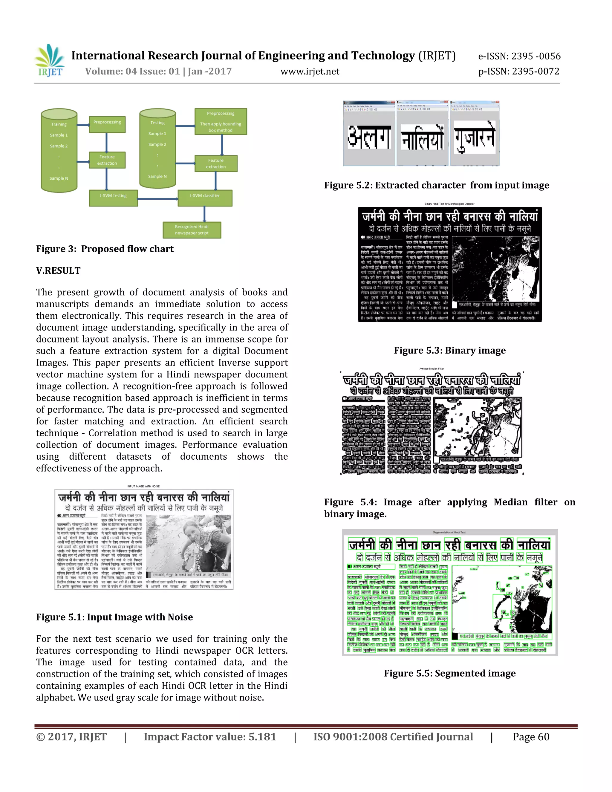 International Research Journal of Engineering and Technology (IRJET) e-ISSN: 2395 -0056 Volume: 04 Issue: 01 | Jan -2017 www.irjet.net p-ISSN: 2395-0072 © 2017, IRJET | Impact Factor value: 5.181 | ISO 9001:2008 Certified Journal | Page 60 Figure 3: Proposed flow chart V.RESULT The present growth of document analysis of books and manuscripts demands an immediate solution to access them electronically. This requires research in the area of document image understanding, specifically in the area of document layout analysis. There is an immense scope for such a feature extraction system for a digital Document Images. This paper presents an efficient Inverse support vector machine system for a Hindi newspaper document image collection. A recognition-free approach is followed because recognition based approach is inefficient in terms of performance. The data is pre-processed and segmented for faster matching and extraction. An efficient search technique - Correlation method is used to search in large collection of document images. Performance evaluation using different datasets of documents shows the effectiveness of the approach. Figure 5.1: Input Image with Noise For the next test scenario we used for training only the features corresponding to Hindi newspaper OCR letters. The image used for testing contained data, and the construction of the training set, which consisted of images containing examples of each Hindi OCR letter in the Hindi alphabet. We used gray scale for image without noise. Figure 5.2: Extracted character from input image Figure 5.3: Binary image Figure 5.4: Image after applying Median filter on binary image. Figure 5.5: Segmented image INPUT IMAGE WITH NOISE Binary Hindi Text for Morphological Operator Average Median Filter 