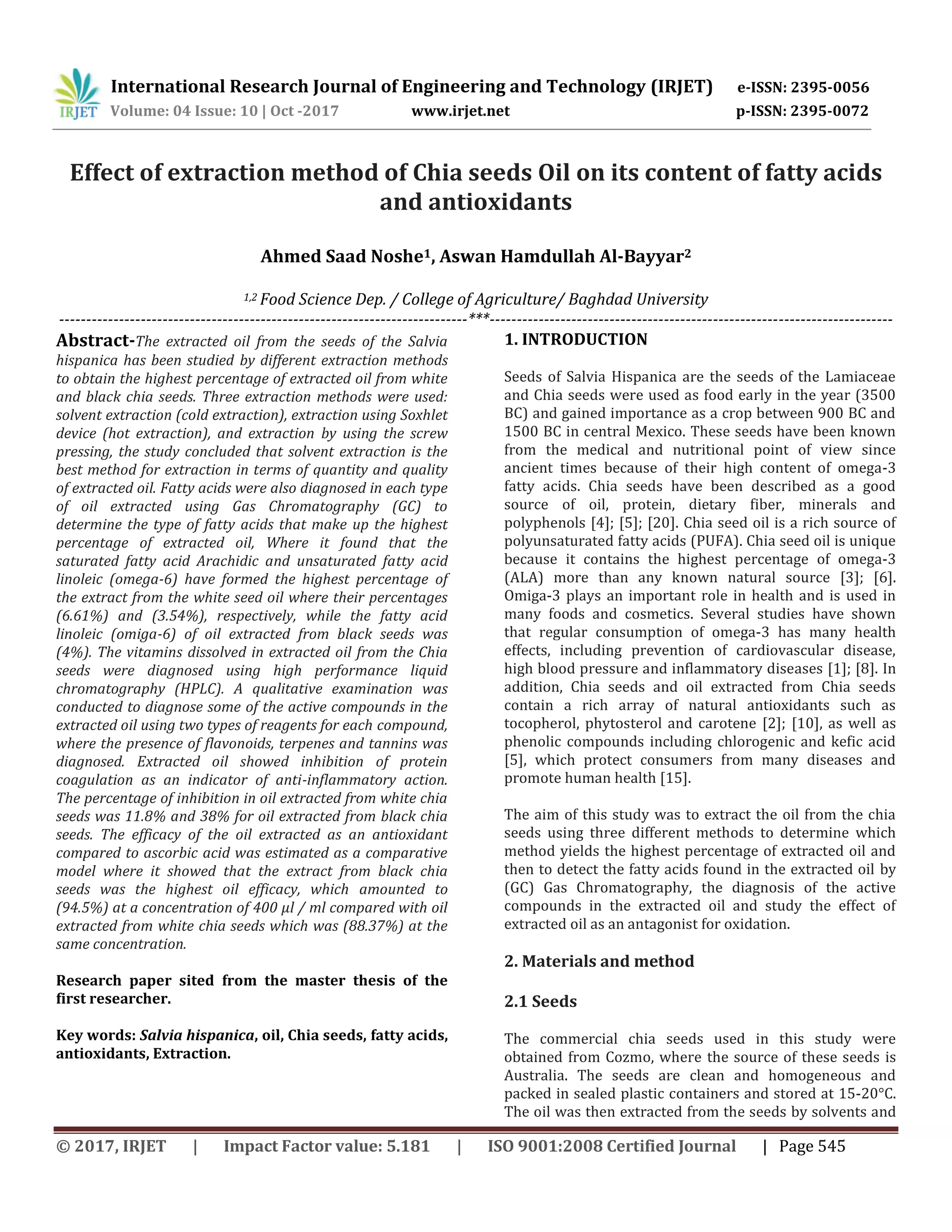 Effect of Extraction Method of Chia Seeds Oil on its Content of Fatty ...