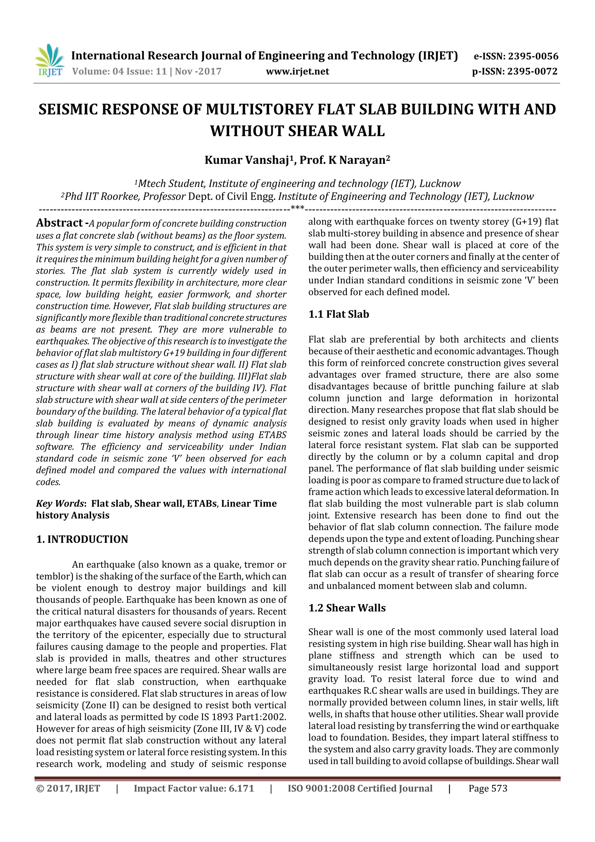 Seismic Response of Multi storey Flat Slab Building with and without ...