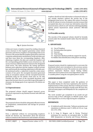 International Research Journal of Engineering and Technology (IRJET) e-ISSN: 2395-0056
Volume: 04 Issue: 11 | Nov -2017 www.irjet.net p-ISSN: 2395-0072
© 2017, IRJET | Impact Factor value: 6.171 | ISO 9001:2008 Certified Journal | Page 726
Fig -1: System Overview
A data user issues a trapdoor request by sending a keyword
access structure to the trapdoor generation centre which
generates and returnsatrapdoorcorrespondingtotheaccess
structure. Weassumethatthetrapdoorgenerationcentrehas
a separateauthentication mechanismtoverifyeachdatauser
and then issue them the corresponding trapdoors. After
obtaining a trapdoor, the data user sends the trapdoor and
the corresponding partial hidden access structure (i.e., the
access structure without keyword values) to the designated
cloud server. The latter performs the testing operations
between each ciphertext and the trapdoor using its private
key, and forwards the matching ciphertexts to the data user.
As mentioned earlier, a ciphertext created by a data owner
consists of two parts: the encrypted document generated
using an encryption scheme and the encrypted keywords
generated using our SE scheme. From now on, we only
consider the latter part of the encrypted document, and
ignore the first part since it is out of the scopeofthispaper.In
summary, the design goals of our expressive SE scheme are
fourfold.
3.1 Expressiveness
The proposed scheme should support keyword access
structures expressed in any Boolean formula with AND and
OR gates.
3.2 Efficiency
The proposed schemeshouldbeadequatelyefficientinterms
of computation, communication and storage for practical
applications.
3.3 Keyword privacy
First, a ciphertext without its corresponding trapdoors
should not disclose any information about the keyword
values it contains to the cloud server and outsiders.Second,a
trapdoor should not leak information on keyword values to
any outside attackers without the private key of the
designated cloud server. We capture this notion of security
forthe SE schemein terms ofsemanticsecuritytoensurethat
encrypted data does not reveal any information about the
keyword values, which wecall “selective indistinguishability
against chosen keyword-set attack (selective IND-CKA
security)”
3.4 Provable security
The security of the proposed scheme should be formally
proved under the standard model rather than the informal
analysis.
4. ADVANTAGES
4.1 Use of Trapdoor
4.2 No Redundant Decryption
4.3 Secured
4.4 Time Saving
4.5 Expressive Boolean predicate support for search.
4.6 Hidden Data Identification with pattern matching
5. CONCLUSIONS
Proposed system should be implemented to overcome the
drawbacks which were introduced in the previous system
while searching data in cloud .The system can assist user to
perform expressive Boolean search finding hidden
underived search pattern from cloud Algorithmic approach
is scalable pattern using the encrypted pattern search.
ACKNOWLEDGEMENT
This paper is been completed under the guidance of
Mrs.Aniket Kadam Sir who have explained us the need for
implementation of this system, like how it will be processed
and what mechanism should be actually used. We have also
referred many papers and Wikipedia for the completion of
this paper.
The work wouldn’t get completed if we would not get
precious help of Prof. A.M.Ingole sir BVCOE Lavale, Pune
who supported us at every stage during the completion.
REFERENCES
[1] O. Goldreich and R. Ostrovsky, “Software protectionand
simulation on oblivious rams,” J. ACM, vol. 43, no. 3, pp.
431–473, 1996.
[2] D. X. Song, D. Wagner, and A. Perrig, “Practical
techniques for searches on encrypted data,” in 2000
IEEE Symposium on Security and Privacy, Berkeley,
 