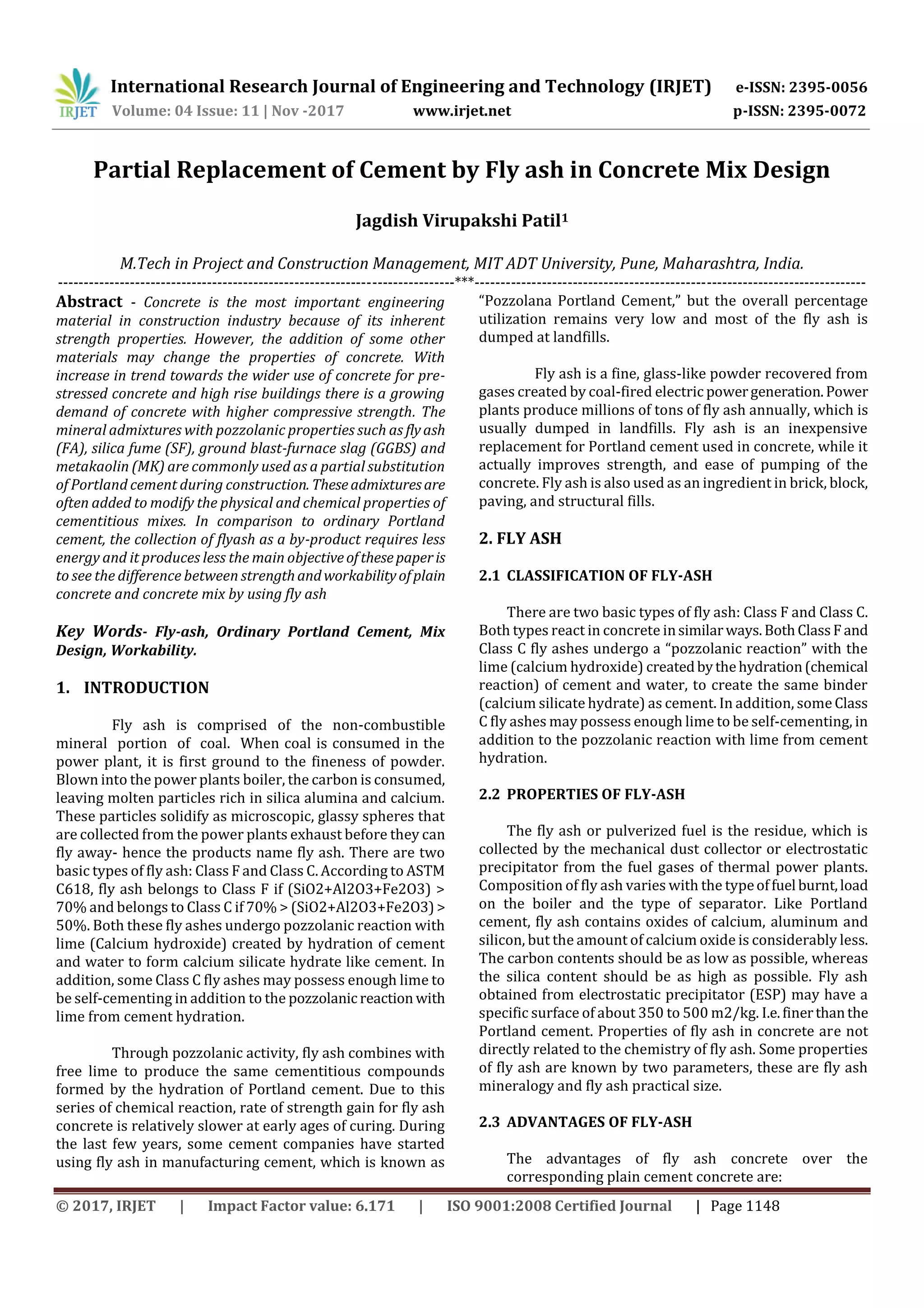 Partial Replacement of Cement by Fly ash in Concrete Mix Design | PDF
