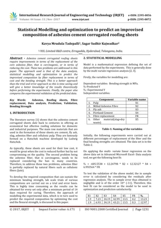 International Research Journal of Engineering and Technology (IRJET) e-ISSN: 2395-0056
Volume: 04 Issue: 11 | Nov -2017 www.irjet.net p-ISSN: 2395-0072
© 2017, IRJET | Impact Factor value: 6.171 | ISO 9001:2008 Certified Journal | Page 1231
Statistical Modelling and optimization to predict an improvised
composition of asbestos cement corrugated roofing sheets
Kavya Mrudula Tadepalli1, Sagar Sudhir Kajwadkar2
1,2HIL Limited-R&D centre, Erragadda, Hyderabad, Telangana, India.
---------------------------------------------------------------------***---------------------------------------------------------------------
Abstract - Asbestos cement corrugated roofing sheets
require improvements in terms of the replacement of the
core asbestos fiber, that is carcinogenic, or in terms of
reducing the cost. These two problems are addressed in this
paper. The approach used is that of the data analysis,
statistical modelling and optimization to predict the
improvised composition by fiber replacement in terms of
cost and the bending strength. This is a better approach
than the trial and error approach as this is time saving and
will give a better knowledge of the results theoretically
before performing the experiments. Finally, the paper also
compares the experimental validation of the predicted data.
Key Words: Asbestos, Roofing sheets, Fibre
replacement, Data analysis, Prediction, Validation,
Bending Strength
1. INTRODUCTION
The literature survey [1] shows that the asbestos cement
corrugated sheets date back to centuries in offering an
economical but effective roofing solutions for domestic
and industrial purposes. The main raw materials that are
used in the formation of these sheets are cement, fly ash,
slag, asbestos fiber and cellulosic pulp. They are famously
formed on a Hatschek machine developed by Ludwig
Hatschek.
As typically, these sheets are used for their low cost, it
would be great when the cost is reduced further but by not
compromising on the quality. The second problem being
the asbestos fiber, that is carcinogenic, needs to be
replaced considering the ban in many countries.
Therefore, to address these two problems, asbestos fiber
is partially replaced by natural fibers such as cellulosic
fibers (Jute).
To develop the required composition that can sustain the
minimum bending strength, lab scale trials of various
compositions are carried out on a trial and error basis.
This is highly time consuming as the results can be
obtained for every set only after a minimum period of 14
days required for curing. Therefore, the approach of
modelling the experimental data, which is in turn used to
predict the required composition by optimizing the cost
and the flexural strength, is discussed in this paper.
2. STATISTICAL MODELLING
Model is a mathematical expression defining the set of
data performed by the experiments. This is generally done
by the multi variate regression analysis [2, 3].
Firstly, the variables for modelling are:
Dependent variables: Bending strength in MPa.
YP-Predicted Y
YE- Experimental Y
Independent variables:
Component Variable name
1. Pulp X1
2. Milled Asbestos Fibre X2
3. Fly ash X3
4. Portland Cement X4
5. Fibre replacement FR
6. Other material(slag+dry
waste)
X5
Table-1: Naming of the variables
Initially, the following experiments were carried out at
different percentages of replacement of the fiber and the
final bending strengths are obtained. The data set is in the
Table-2.
On applying the multi- variate linear regression on the
above data set in Advanced Microsoft Excel- Data analysis
tool, we get the following best fit:
YP = -605.5538 + 12.24798 * X2 + 12.32127 * X4 +
6.992564 * FR
To test the validation of the above model, the in sample
error is calculated by considering the residuals after
regression analysis. The in sample error thus obtained is
negligible and is of the order 10^ (-11). Therefore, this
best fit can be considered as the model to be used in
optimization and prediction satisfactorily.
X1 X2 X3 X4 X5 FR YE
1.9 7.23 34.19 42.99 13.5 0.2 13.23
1.9 6.93 34.19 43.21 13.5 0.3 12.97
 