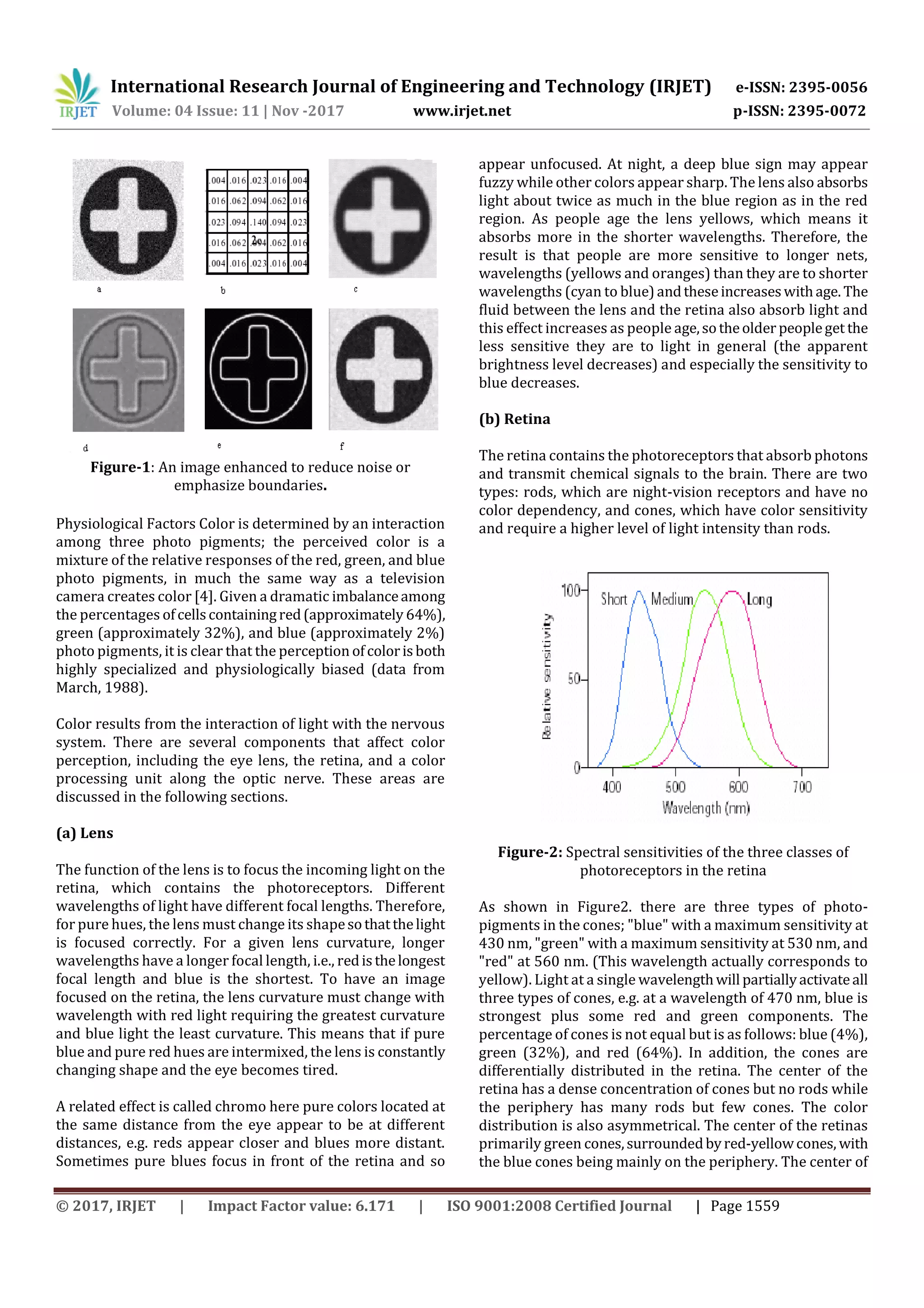 International Research Journal of Engineering and Technology (IRJET) e-ISSN: 2395-0056 Volume: 04 Issue: 11 | Nov -2017 www.irjet.net p-ISSN: 2395-0072 © 2017, IRJET | Impact Factor value: 6.171 | ISO 9001:2008 Certified Journal | Page 1559 Figure-1: An image enhanced to reduce noise or emphasize boundaries. Physiological Factors Color is determined by an interaction among three photo pigments; the perceived color is a mixture of the relative responses of the red, green, and blue photo pigments, in much the same way as a television camera creates color [4]. Given a dramatic imbalanceamong the percentages ofcellscontainingred(approximately 64%), green (approximately 32%), and blue (approximately 2%) photo pigments, it is clear that the perception ofcolorisboth highly specialized and physiologically biased (data from March, 1988). Color results from the interaction of light with the nervous system. There are several components that affect color perception, including the eye lens, the retina, and a color processing unit along the optic nerve. These areas are discussed in the following sections. (a) Lens The function of the lens is to focus the incoming light on the retina, which contains the photoreceptors. Different wavelengths of light have different focal lengths. Therefore, for pure hues, the lens must change its shapesothatthelight is focused correctly. For a given lens curvature, longer wavelengths have a longer focal length, i.e., redisthelongest focal length and blue is the shortest. To have an image focused on the retina, the lens curvature must change with wavelength with red light requiring the greatest curvature and blue light the least curvature. This means that if pure blue and pure red hues are intermixed, the lens is constantly changing shape and the eye becomes tired. A related effect is called chromo here pure colors located at the same distance from the eye appear to be at different distances, e.g. reds appear closer and blues more distant. Sometimes pure blues focus in front of the retina and so appear unfocused. At night, a deep blue sign may appear fuzzy while other colors appear sharp. The lens also absorbs light about twice as much in the blue region as in the red region. As people age the lens yellows, which means it absorbs more in the shorter wavelengths. Therefore, the result is that people are more sensitive to longer nets, wavelengths (yellows and oranges) than they are to shorter wavelengths (cyan to blue)andtheseincreaseswithage. The fluid between the lens and the retina also absorb light and this effect increases as people age,sotheolder peopleget the less sensitive they are to light in general (the apparent brightness level decreases) and especially the sensitivity to blue decreases. (b) Retina The retina contains the photoreceptors that absorb photons and transmit chemical signals to the brain. There are two types: rods, which are night-vision receptors and have no color dependency, and cones, which have color sensitivity and require a higher level of light intensity than rods. Figure-2: Spectral sensitivities of the three classes of photoreceptors in the retina As shown in Figure2. there are three types of photo- pigments in the cones; "blue" with a maximum sensitivity at 430 nm, "green" with a maximum sensitivity at 530 nm, and "red" at 560 nm. (This wavelength actually corresponds to yellow). Light at a single wavelengthwill partiallyactivateall three types of cones, e.g. at a wavelength of 470 nm, blue is strongest plus some red and green components. The percentage of cones is not equal but is as follows: blue (4%), green (32%), and red (64%). In addition, the cones are differentially distributed in the retina. The center of the retina has a dense concentration of cones but no rods while the periphery has many rods but few cones. The color distribution is also asymmetrical. The center of the retinas primarily green cones,surroundedbyred-yellowcones, with the blue cones being mainly on the periphery. The center of 