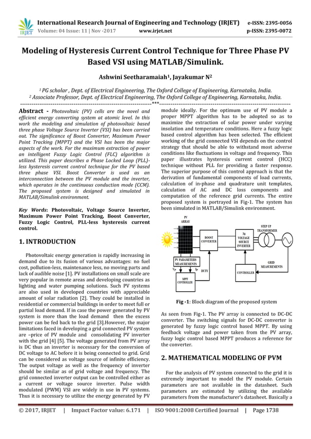 Modeling of Hysteresis Current Control Technique for Three Phase PV Based VSI using MATLAB