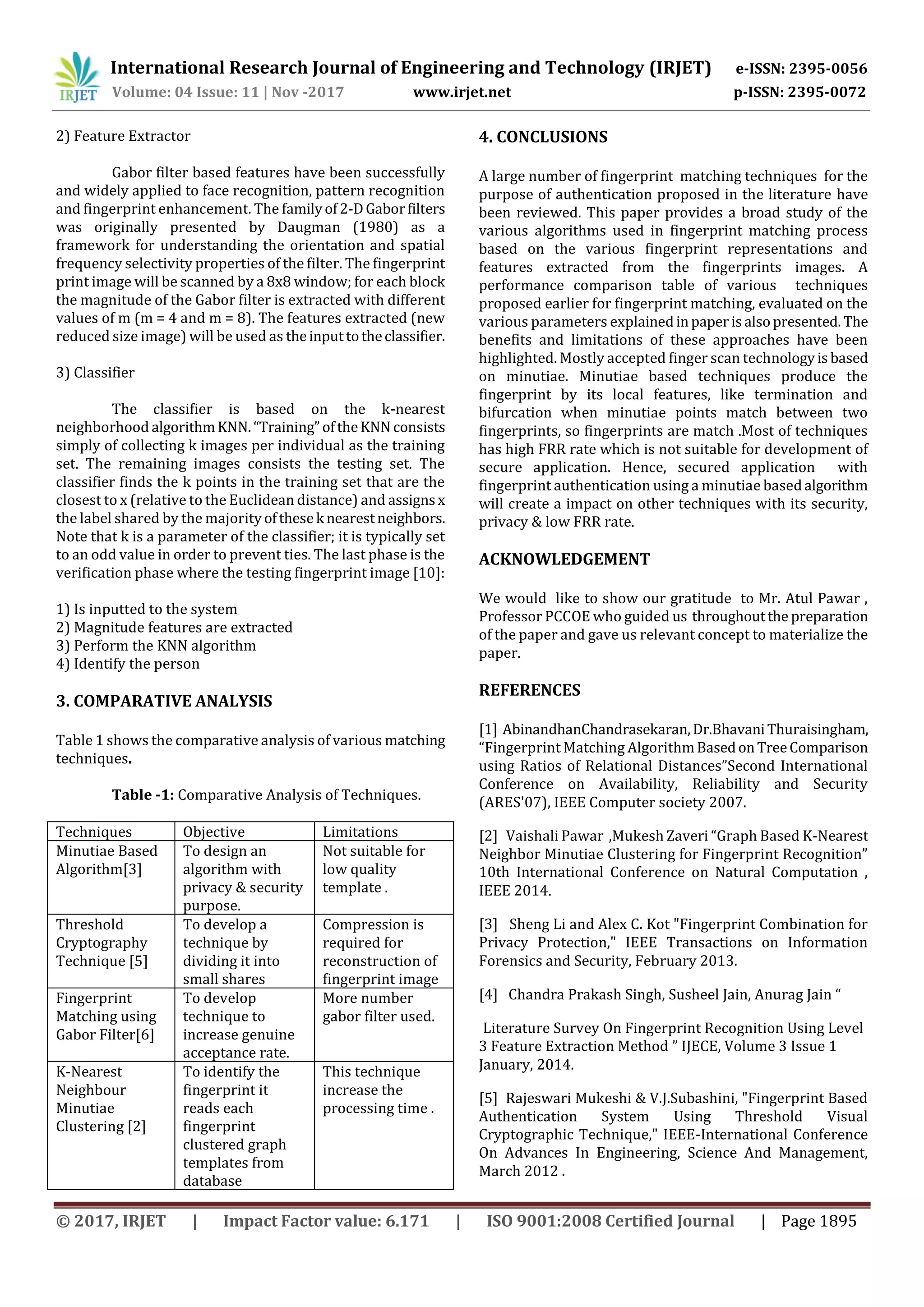 International Research Journal of Engineering and Technology (IRJET) e-ISSN: 2395-0056 Volume: 04 Issue: 11 | Nov -2017 www.irjet.net p-ISSN: 2395-0072 © 2017, IRJET | Impact Factor value: 6.171 | ISO 9001:2008 Certified Journal | Page 1895 2) Feature Extractor Gabor filter based features have been successfully and widely applied to face recognition, pattern recognition and fingerprint enhancement. The familyof2-DGaborfilters was originally presented by Daugman (1980) as a framework for understanding the orientation and spatial frequency selectivity properties of the filter. The fingerprint print image will be scanned by a 8x8 window; for each block the magnitude of the Gabor filter is extracted with different values of m (m = 4 and m = 8). The features extracted (new reduced size image) will be used as theinputtotheclassifier. 3) Classifier The classifier is based on the k-nearest neighborhood algorithmKNN.“Training”oftheKNN consists simply of collecting k images per individual as the training set. The remaining images consists the testing set. The classifier finds the k points in the training set that are the closest to x (relative to the Euclidean distance) and assignsx the label shared by the majorityofthesek nearestneighbors. Note that k is a parameter of the classifier; it is typically set to an odd value in order to prevent ties. The last phase is the verification phase where the testing fingerprint image [10]: 1) Is inputted to the system 2) Magnitude features are extracted 3) Perform the KNN algorithm 4) Identify the person 3. COMPARATIVE ANALYSIS Table 1 shows the comparative analysis of various matching techniques. Table -1: Comparative Analysis of Techniques. Techniques Objective Limitations Minutiae Based Algorithm[3] To design an algorithm with privacy & security purpose. Not suitable for low quality template . Threshold Cryptography Technique [5] To develop a technique by dividing it into small shares Compression is required for reconstruction of fingerprint image Fingerprint Matching using Gabor Filter[6] To develop technique to increase genuine acceptance rate. More number gabor filter used. K-Nearest Neighbour Minutiae Clustering [2] To identify the fingerprint it reads each fingerprint clustered graph templates from database This technique increase the processing time . 4. CONCLUSIONS A large number of fingerprint matching techniques for the purpose of authentication proposed in the literature have been reviewed. This paper provides a broad study of the various algorithms used in fingerprint matching process based on the various fingerprint representations and features extracted from the fingerprints images. A performance comparison table of various techniques proposed earlier for fingerprint matching, evaluated on the various parameters explainedinpaperisalsopresented. The benefits and limitations of these approaches have been highlighted. Mostly accepted finger scan technologyisbased on minutiae. Minutiae based techniques produce the fingerprint by its local features, like termination and bifurcation when minutiae points match between two fingerprints, so fingerprints are match .Most of techniques has high FRR rate which is not suitable for development of secure application. Hence, secured application with fingerprint authentication using a minutiae basedalgorithm will create a impact on other techniques with its security, privacy & low FRR rate. ACKNOWLEDGEMENT We would like to show our gratitude to Mr. Atul Pawar , Professor PCCOE who guided us throughoutthe preparation of the paper and gave us relevant concept to materialize the paper. REFERENCES [1] AbinandhanChandrasekaran,Dr.BhavaniThuraisingham, “Fingerprint Matching AlgorithmBasedonTreeComparison using Ratios of Relational Distances”Second International Conference on Availability, Reliability and Security (ARES'07), IEEE Computer society 2007. [2] Vaishali Pawar ,Mukesh Zaveri “Graph Based K-Nearest Neighbor Minutiae Clustering for Fingerprint Recognition” 10th International Conference on Natural Computation , IEEE 2014. [3] Sheng Li and Alex C. Kot "Fingerprint Combination for Privacy Protection," IEEE Transactions on Information Forensics and Security, February 2013. [4] Chandra Prakash Singh, Susheel Jain, Anurag Jain “ Literature Survey On Fingerprint Recognition Using Level 3 Feature Extraction Method ” IJECE, Volume 3 Issue 1 January, 2014. [5] Rajeswari Mukeshi & V.J.Subashini, "Fingerprint Based Authentication System Using Threshold Visual Cryptographic Technique," IEEE-International Conference On Advances In Engineering, Science And Management, March 2012 . 