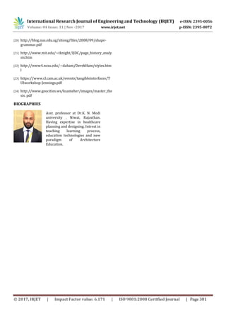 International Research Journal of Engineering and Technology (IRJET) e-ISSN: 2395-0056
Volume: 04 Issue: 11 | Nov -2017 www.irjet.net p-ISSN: 2395-0072
© 2017, IRJET | Impact Factor value: 6.171 | ISO 9001:2008 Certified Journal | Page 301
[20] http://blog.nus.edu.sg/zitong/files/2008/09/shape-
grammar.pdf
[21] http://www.mit.edu/~tknight/IJDC/page_history_analy
sis.htm
[22] http://www4.ncsu.edu/~daham/DerekHam/styles.htm
l
[23] https://www.cl.cam.ac.uk/events/tangibleinterfaces/T
UIworkshop-Jennings.pdf
[24] http://www.geocities.ws/ksameher/images/master_the
sis. pdf
BIOGRAPHIES
Asst. professor at Dr.K. N. Modi
university , Niwai, Rajasthan.
Having expertise in healthcare
planning and designing. Intrest in
teaching learning process,
education technologies and new
paradigm of Architecture
Education.
 