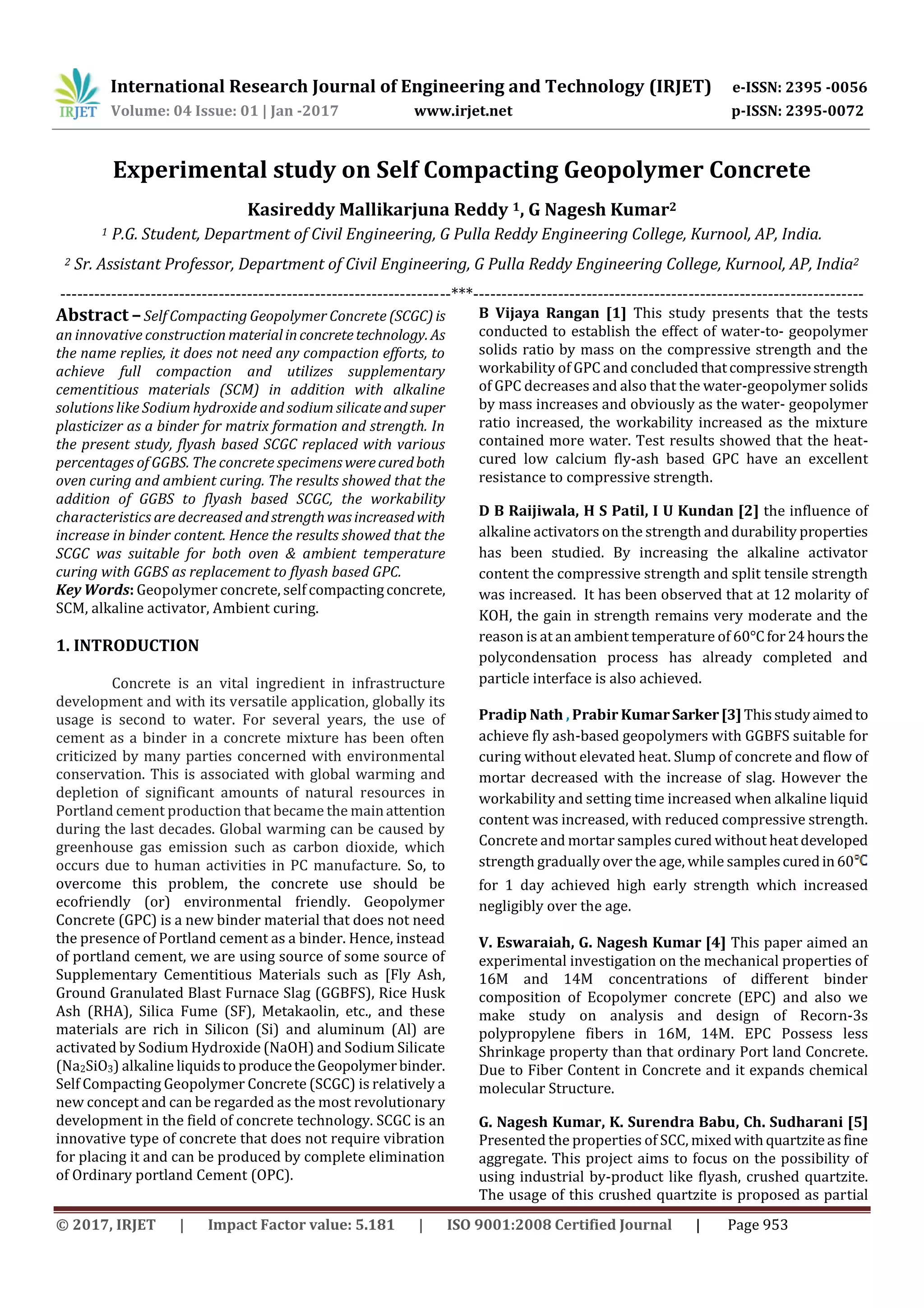 Experimental study on Self Compacting Geopolymer Concrete | PDF