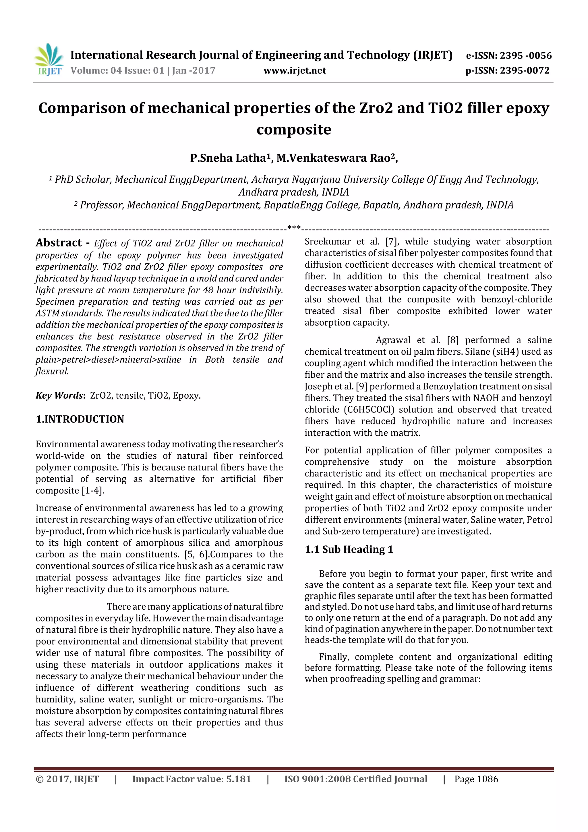 Comparison of mechanical properties of the Zro2 and TiO2 filler epoxy ...