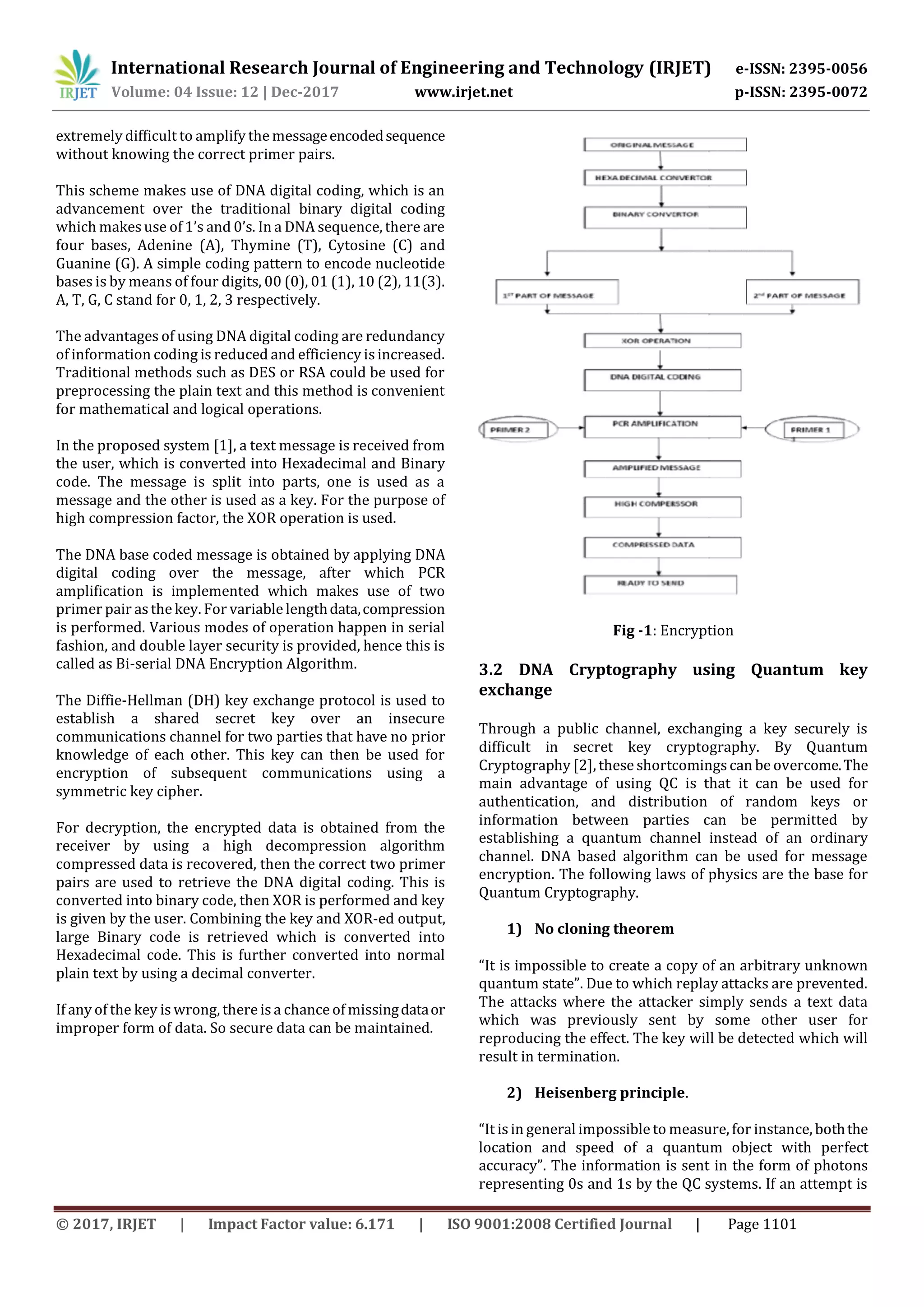 International Research Journal of Engineering and Technology (IRJET) e-ISSN: 2395-0056 Volume: 04 Issue: 12 | Dec-2017 www.irjet.net p-ISSN: 2395-0072 © 2017, IRJET | Impact Factor value: 6.171 | ISO 9001:2008 Certified Journal | Page 1101 extremely difficult to amplify the messageencodedsequence without knowing the correct primer pairs. This scheme makes use of DNA digital coding, which is an advancement over the traditional binary digital coding which makes use of 1’s and 0’s. In a DNA sequence, there are four bases, Adenine (A), Thymine (T), Cytosine (C) and Guanine (G). A simple coding pattern to encode nucleotide bases is by means of four digits, 00 (0), 01 (1), 10 (2), 11(3). A, T, G, C stand for 0, 1, 2, 3 respectively. The advantages of using DNA digital coding are redundancy of information coding is reduced and efficiency isincreased. Traditional methods such as DES or RSA could be used for preprocessing the plain text and this method is convenient for mathematical and logical operations. In the proposed system [1], a text message is received from the user, which is converted into Hexadecimal and Binary code. The message is split into parts, one is used as a message and the other is used as a key. For the purpose of high compression factor, the XOR operation is used. The DNA base coded message is obtained by applying DNA digital coding over the message, after which PCR amplification is implemented which makes use of two primer pair as the key. For variable lengthdata,compression is performed. Various modes of operation happen in serial fashion, and double layer security is provided, hence this is called as Bi-serial DNA Encryption Algorithm. The Diffie-Hellman (DH) key exchange protocol is used to establish a shared secret key over an insecure communications channel for two parties that have no prior knowledge of each other. This key can then be used for encryption of subsequent communications using a symmetric key cipher. For decryption, the encrypted data is obtained from the receiver by using a high decompression algorithm compressed data is recovered, then the correct two primer pairs are used to retrieve the DNA digital coding. This is converted into binary code, then XOR is performed and key is given by the user. Combining the key and XOR-ed output, large Binary code is retrieved which is converted into Hexadecimal code. This is further converted into normal plain text by using a decimal converter. If any of the key is wrong, there is a chance of missingdataor improper form of data. So secure data can be maintained. Fig -1: Encryption 3.2 DNA Cryptography using Quantum key exchange Through a public channel, exchanging a key securely is difficult in secret key cryptography. By Quantum Cryptography [2], these shortcomingscan be overcome.The main advantage of using QC is that it can be used for authentication, and distribution of random keys or information between parties can be permitted by establishing a quantum channel instead of an ordinary channel. DNA based algorithm can be used for message encryption. The following laws of physics are the base for Quantum Cryptography. 1) No cloning theorem “It is impossible to create a copy of an arbitrary unknown quantum state”. Due to which replay attacks are prevented. The attacks where the attacker simply sends a text data which was previously sent by some other user for reproducing the effect. The key will be detected which will result in termination. 2) Heisenberg principle. “It is in general impossible to measure, for instance, boththe location and speed of a quantum object with perfect accuracy”. The information is sent in the form of photons representing 0s and 1s by the QC systems. If an attempt is 