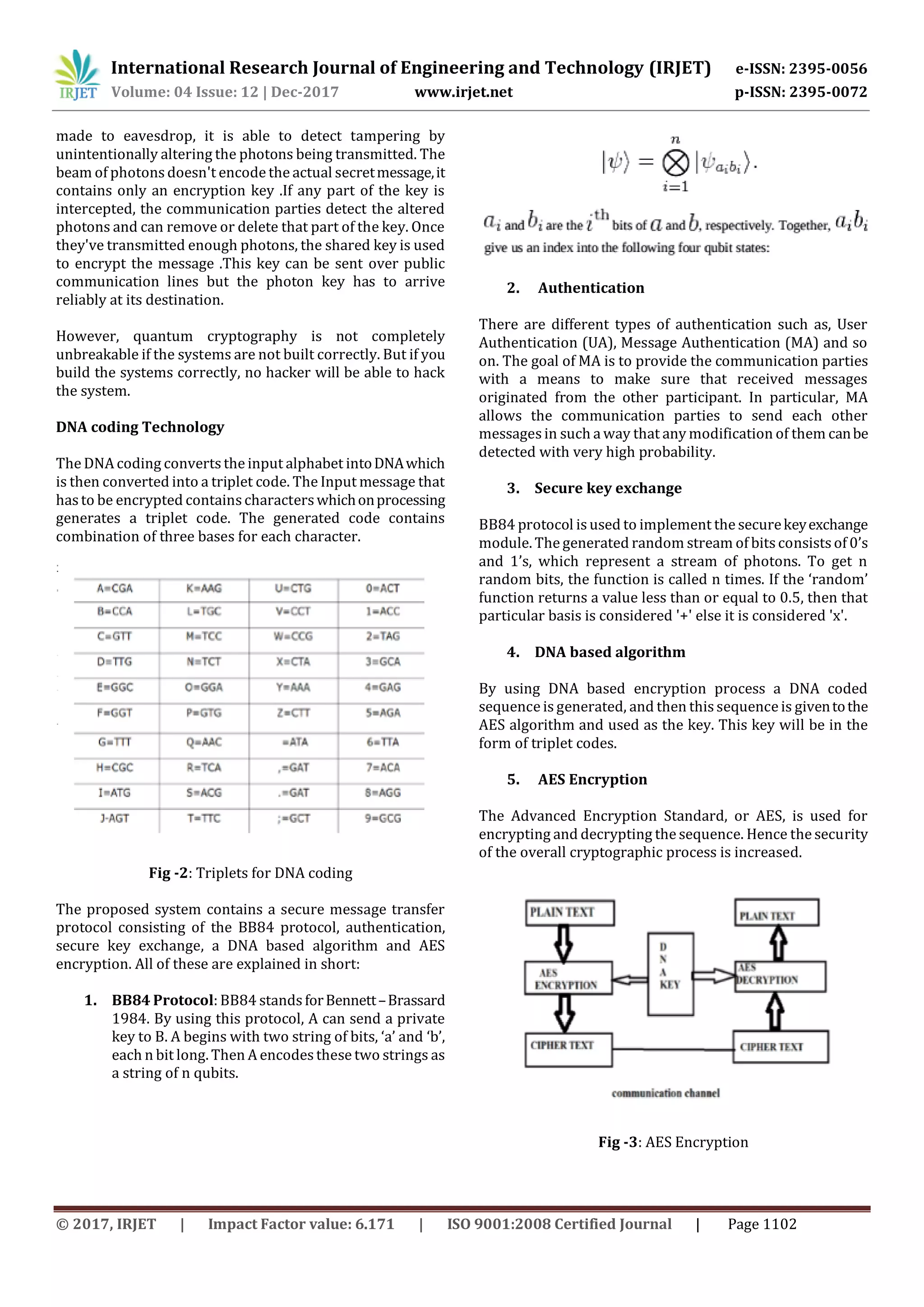 International Research Journal of Engineering and Technology (IRJET) e-ISSN: 2395-0056 Volume: 04 Issue: 12 | Dec-2017 www.irjet.net p-ISSN: 2395-0072 © 2017, IRJET | Impact Factor value: 6.171 | ISO 9001:2008 Certified Journal | Page 1102 made to eavesdrop, it is able to detect tampering by unintentionally altering the photons being transmitted. The beam of photons doesn't encode the actual secretmessage,it contains only an encryption key .If any part of the key is intercepted, the communication parties detect the altered photons and can remove or delete that part of the key. Once they've transmitted enough photons, the shared key is used to encrypt the message .This key can be sent over public communication lines but the photon key has to arrive reliably at its destination. However, quantum cryptography is not completely unbreakable if the systems are not built correctly. But if you build the systems correctly, no hacker will be able to hack the system. DNA coding Technology The DNA coding converts the input alphabet intoDNAwhich is then converted into a triplet code. The Input message that hasto be encrypted containscharacterswhichonprocessing generates a triplet code. The generated code contains combination of three bases for each character. Fig -2: Triplets for DNA coding The proposed system contains a secure message transfer protocol consisting of the BB84 protocol, authentication, secure key exchange, a DNA based algorithm and AES encryption. All of these are explained in short: 1. BB84 Protocol: BB84 standsforBennett–Brassard 1984. By using this protocol, A can send a private key to B. A begins with two string of bits, ‘a’ and ‘b’, each n bit long. Then A encodesthese two strings as a string of n qubits. 2. Authentication There are different types of authentication such as, User Authentication (UA), Message Authentication (MA) and so on. The goal of MA is to provide the communication parties with a means to make sure that received messages originated from the other participant. In particular, MA allows the communication parties to send each other messagesin such a way that any modification of them canbe detected with very high probability. 3. Secure key exchange BB84 protocol is used to implement the securekeyexchange module. The generated random stream of bitsconsists of 0’s and 1’s, which represent a stream of photons. To get n random bits, the function is called n times. If the ‘random’ function returns a value less than or equal to 0.5, then that particular basis is considered '+' else it is considered 'x'. 4. DNA based algorithm By using DNA based encryption process a DNA coded sequence is generated, and then this sequence is giventothe AES algorithm and used as the key. This key will be in the form of triplet codes. 5. AES Encryption The Advanced Encryption Standard, or AES, is used for encrypting and decrypting the sequence. Hence the security of the overall cryptographic process is increased. Fig -3: AES Encryption 