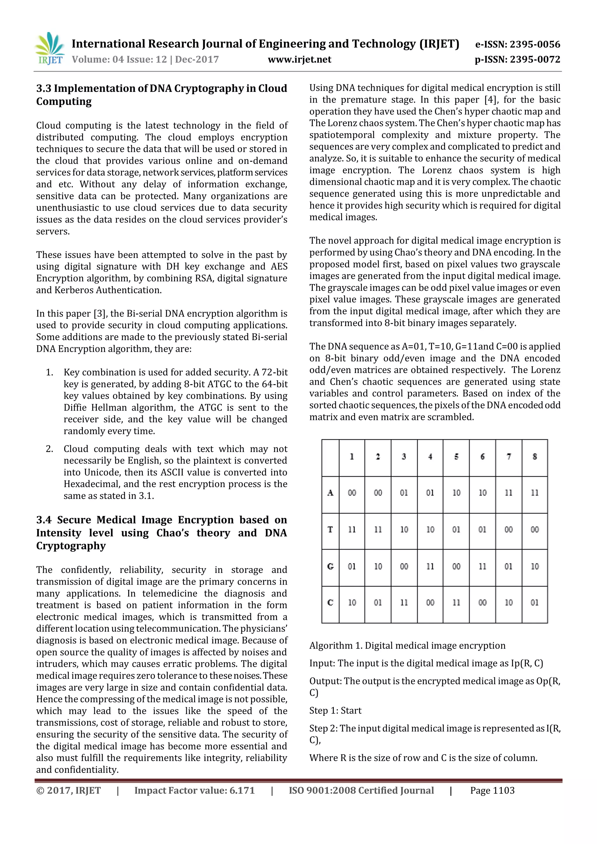 International Research Journal of Engineering and Technology (IRJET) e-ISSN: 2395-0056 Volume: 04 Issue: 12 | Dec-2017 www.irjet.net p-ISSN: 2395-0072 © 2017, IRJET | Impact Factor value: 6.171 | ISO 9001:2008 Certified Journal | Page 1103 3.3 Implementation of DNA Cryptography in Cloud Computing Cloud computing is the latest technology in the field of distributed computing. The cloud employs encryption techniques to secure the data that will be used or stored in the cloud that provides various online and on-demand services for data storage, network services,platformservices and etc. Without any delay of information exchange, sensitive data can be protected. Many organizations are unenthusiastic to use cloud services due to data security issues as the data resides on the cloud services provider’s servers. These issues have been attempted to solve in the past by using digital signature with DH key exchange and AES Encryption algorithm, by combining RSA, digital signature and Kerberos Authentication. In this paper [3], the Bi-serial DNA encryption algorithm is used to provide security in cloud computing applications. Some additions are made to the previously stated Bi-serial DNA Encryption algorithm, they are: 1. Key combination is used for added security. A 72-bit key is generated, by adding 8-bit ATGC to the 64-bit key values obtained by key combinations. By using Diffie Hellman algorithm, the ATGC is sent to the receiver side, and the key value will be changed randomly every time. 2. Cloud computing deals with text which may not necessarily be English, so the plaintext is converted into Unicode, then its ASCII value is converted into Hexadecimal, and the rest encryption process is the same as stated in 3.1. 3.4 Secure Medical Image Encryption based on Intensity level using Chao’s theory and DNA Cryptography The confidently, reliability, security in storage and transmission of digital image are the primary concerns in many applications. In telemedicine the diagnosis and treatment is based on patient information in the form electronic medical images, which is transmitted from a different location using telecommunication. The physicians’ diagnosis is based on electronic medical image. Because of open source the quality of images is affected by noises and intruders, which may causes erratic problems. The digital medical image requireszero tolerance to thesenoises.These images are very large in size and contain confidential data. Hence the compressing of the medical image is not possible, which may lead to the issues like the speed of the transmissions, cost of storage, reliable and robust to store, ensuring the security of the sensitive data. The security of the digital medical image has become more essential and also must fulfill the requirements like integrity, reliability and confidentiality. Using DNA techniques for digital medical encryption is still in the premature stage. In this paper [4], for the basic operation they have used the Chen’s hyper chaotic map and The Lorenz chaossystem. The Chen’shyper chaotic map has spatiotemporal complexity and mixture property. The sequences are very complex and complicated to predict and analyze. So, it is suitable to enhance the security of medical image encryption. The Lorenz chaos system is high dimensional chaotic map and it is very complex. The chaotic sequence generated using this is more unpredictable and hence it provides high security which is required for digital medical images. The novel approach for digital medical image encryption is performed by using Chao’s theory and DNA encoding. In the proposed model first, based on pixel values two grayscale images are generated from the input digital medical image. The grayscale images can be odd pixel value images or even pixel value images. These grayscale images are generated from the input digital medical image, after which they are transformed into 8-bit binary images separately. The DNA sequence as A=01, T=10, G=11and C=00 is applied on 8-bit binary odd/even image and the DNA encoded odd/even matrices are obtained respectively. The Lorenz and Chen’s chaotic sequences are generated using state variables and control parameters. Based on index of the sorted chaotic sequences, the pixelsof the DNA encodedodd matrix and even matrix are scrambled. Algorithm 1. Digital medical image encryption Input: The input is the digital medical image as Ip(R, C) Output: The output is the encrypted medical image as Op(R, C) Step 1: Start Step 2: The input digital medical image is representedasI(R, C), Where R is the size of row and C is the size of column. 