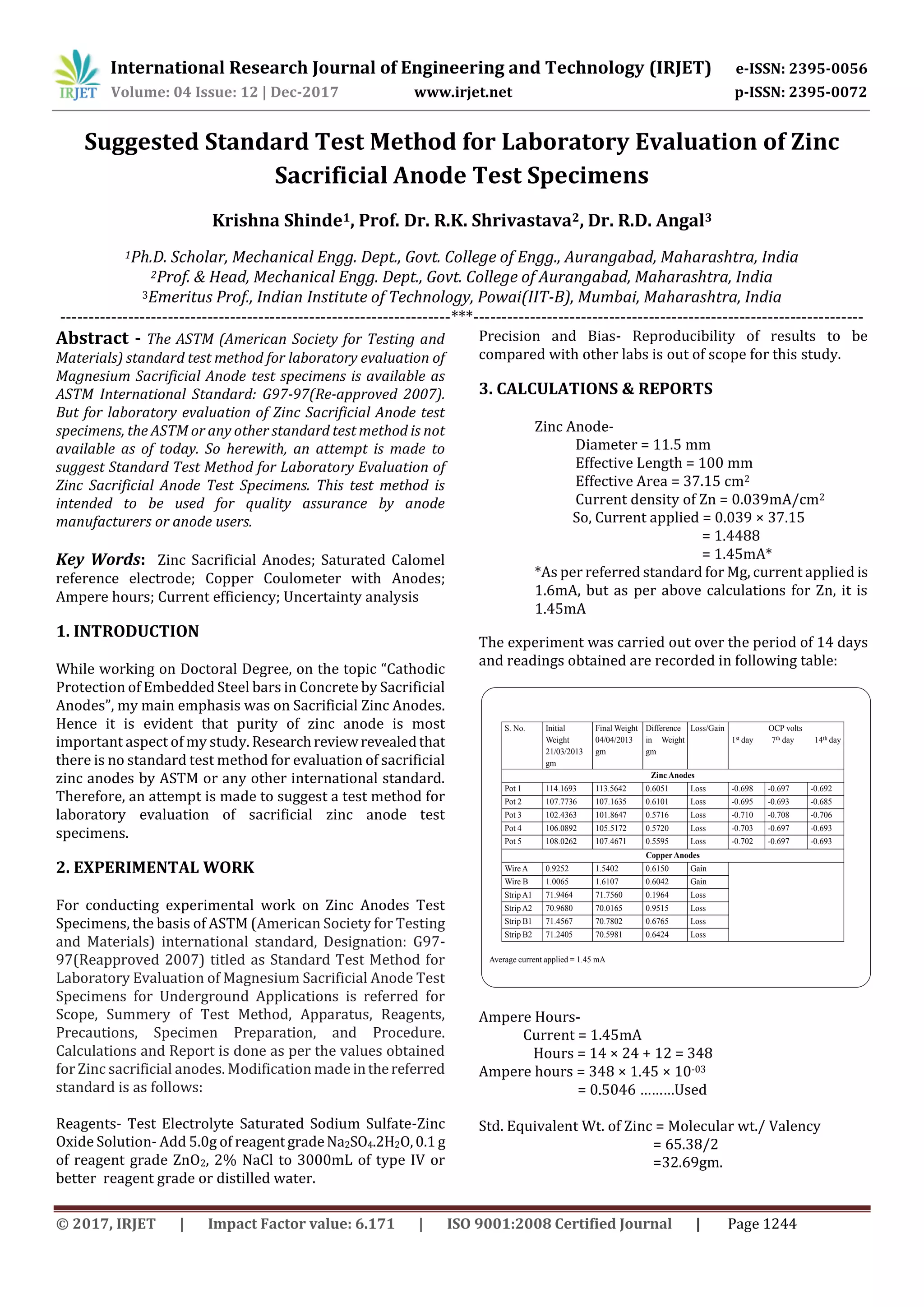 Suggested Standard Test Method for Laboratory Evaluation of Zinc Sacrificial Anode Test