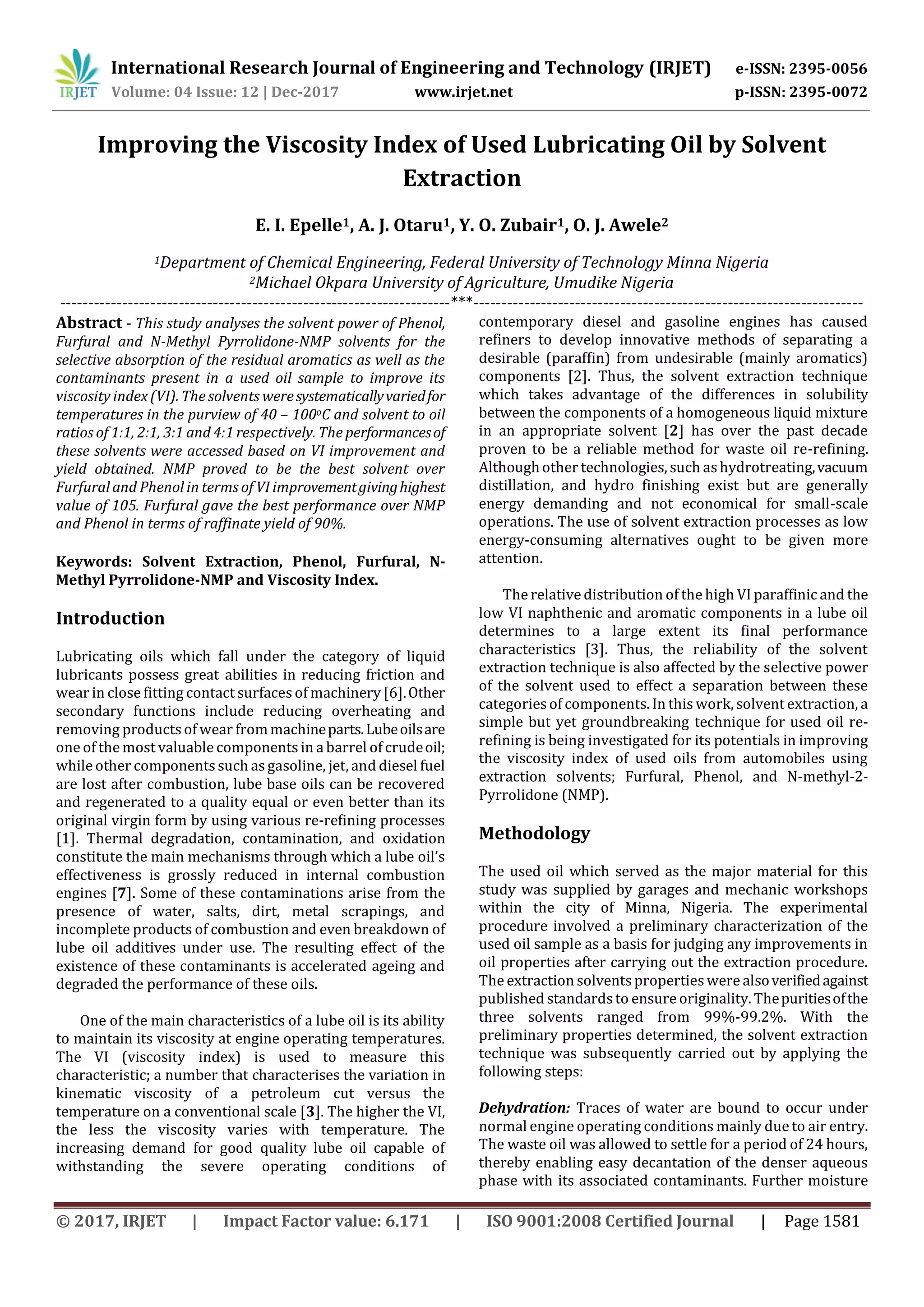 Improving the Viscosity Index of used Lubricating Oil by Solvent