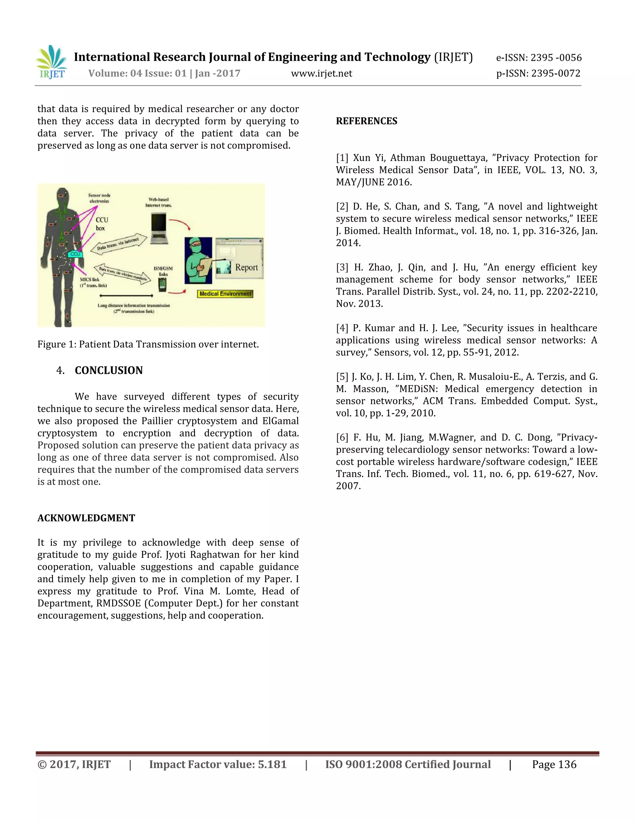 International Research Journal of Engineering and Technology (IRJET) e-ISSN: 2395 -0056
Volume: 04 Issue: 01 | Jan -2017 www.irjet.net p-ISSN: 2395-0072
© 2017, IRJET | Impact Factor value: 5.181 | ISO 9001:2008 Certified Journal | Page 136
that data is required by medical researcher or any doctor
then they access data in decrypted form by querying to
data server. The privacy of the patient data can be
preserved as long as one data server is not compromised.
Figure 1: Patient Data Transmission over internet.
4. CONCLUSION
We have surveyed different types of security
technique to secure the wireless medical sensor data. Here,
we also proposed the Paillier cryptosystem and ElGamal
cryptosystem to encryption and decryption of data.
Proposed solution can preserve the patient data privacy as
long as one of three data server is not compromised. Also
requires that the number of the compromised data servers
is at most one.
ACKNOWLEDGMENT
It is my privilege to acknowledge with deep sense of
gratitude to my guide Prof. Jyoti Raghatwan for her kind
cooperation, valuable suggestions and capable guidance
and timely help given to me in completion of my Paper. I
express my gratitude to Prof. Vina M. Lomte, Head of
Department, RMDSSOE (Computer Dept.) for her constant
encouragement, suggestions, help and cooperation.
REFERENCES
[1] Xun Yi, Athman Bouguettaya, ”Privacy Protection for
Wireless Medical Sensor Data”, in IEEE, VOL. 13, NO. 3,
MAY/JUNE 2016.
[2] D. He, S. Chan, and S. Tang, ”A novel and lightweight
system to secure wireless medical sensor networks,” IEEE
J. Biomed. Health Informat., vol. 18, no. 1, pp. 316-326, Jan.
2014.
[3] H. Zhao, J. Qin, and J. Hu, ”An energy efficient key
management scheme for body sensor networks,” IEEE
Trans. Parallel Distrib. Syst., vol. 24, no. 11, pp. 2202-2210,
Nov. 2013.
[4] P. Kumar and H. J. Lee, ”Security issues in healthcare
applications using wireless medical sensor networks: A
survey,” Sensors, vol. 12, pp. 55-91, 2012.
[5] J. Ko, J. H. Lim, Y. Chen, R. Musaloiu-E., A. Terzis, and G.
M. Masson, ”MEDiSN: Medical emergency detection in
sensor networks,” ACM Trans. Embedded Comput. Syst.,
vol. 10, pp. 1-29, 2010.
[6] F. Hu, M. Jiang, M.Wagner, and D. C. Dong, ”Privacy-
preserving telecardiology sensor networks: Toward a low-
cost portable wireless hardware/software codesign,” IEEE
Trans. Inf. Tech. Biomed., vol. 11, no. 6, pp. 619-627, Nov.
2007.
 