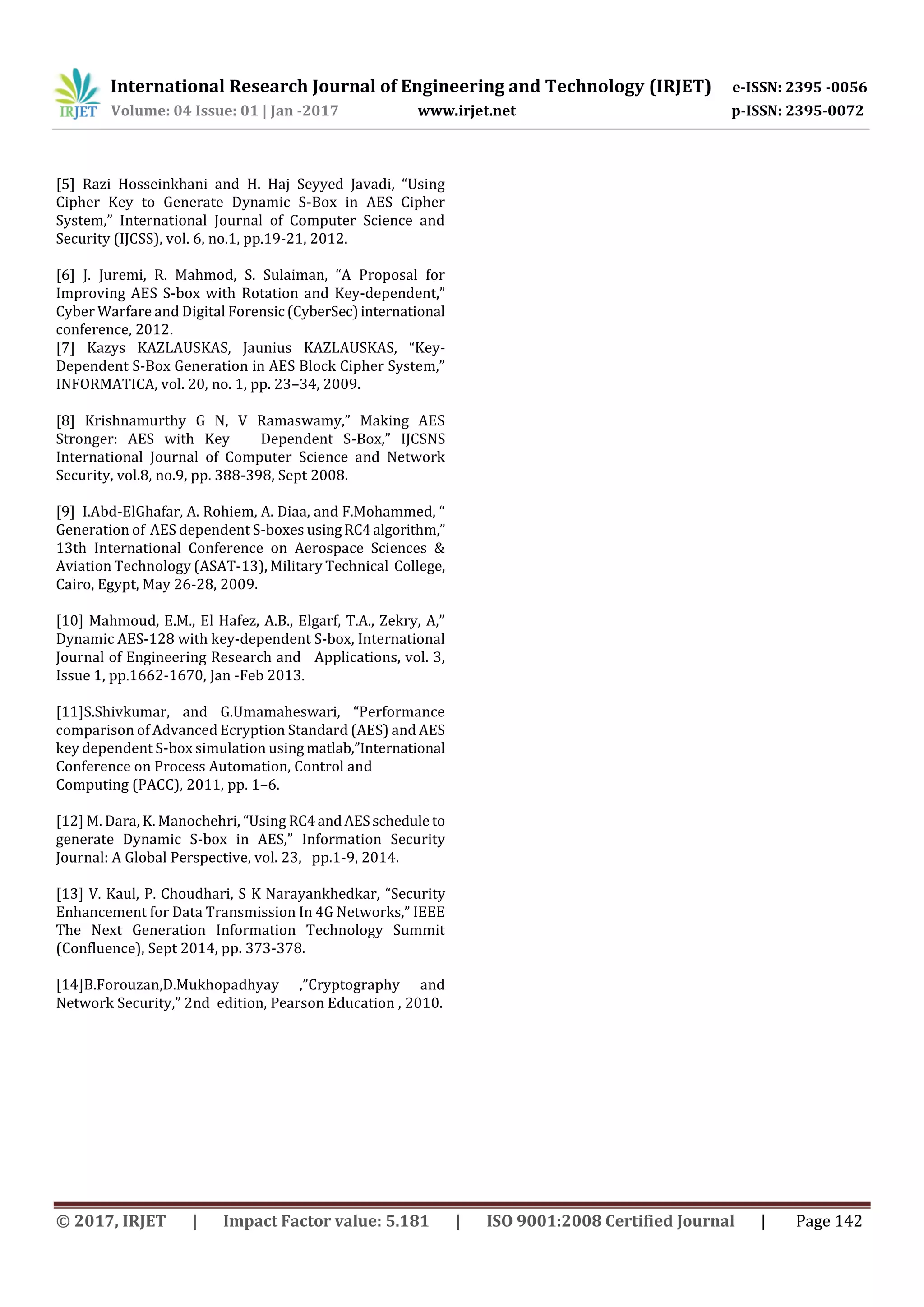 International Research Journal of Engineering and Technology (IRJET) e-ISSN: 2395 -0056 Volume: 04 Issue: 01 | Jan -2017 www.irjet.net p-ISSN: 2395-0072 © 2017, IRJET | Impact Factor value: 5.181 | ISO 9001:2008 Certified Journal | Page 142 [5] Razi Hosseinkhani and H. Haj Seyyed Javadi, “Using Cipher Key to Generate Dynamic S-Box in AES Cipher System,” International Journal of Computer Science and Security (IJCSS), vol. 6, no.1, pp.19-21, 2012. [6] J. Juremi, R. Mahmod, S. Sulaiman, “A Proposal for Improving AES S-box with Rotation and Key-dependent,” Cyber Warfare and Digital Forensic (CyberSec)international conference, 2012. [7] Kazys KAZLAUSKAS, Jaunius KAZLAUSKAS, “Key- Dependent S-Box Generation in AES Block Cipher System,” INFORMATICA, vol. 20, no. 1, pp. 23–34, 2009. [8] Krishnamurthy G N, V Ramaswamy,” Making AES Stronger: AES with Key Dependent S-Box,” IJCSNS International Journal of Computer Science and Network Security, vol.8, no.9, pp. 388-398, Sept 2008. [9] I.Abd-ElGhafar, A. Rohiem, A. Diaa, and F.Mohammed, “ Generation of AES dependent S-boxes usingRC4algorithm,” 13th International Conference on Aerospace Sciences & Aviation Technology (ASAT-13), Military Technical College, Cairo, Egypt, May 26-28, 2009. [10] Mahmoud, E.M., El Hafez, A.B., Elgarf, T.A., Zekry, A,” Dynamic AES-128 with key-dependent S-box, International Journal of Engineering Research and Applications, vol. 3, Issue 1, pp.1662-1670, Jan -Feb 2013. [11]S.Shivkumar, and G.Umamaheswari, “Performance comparison of Advanced Ecryption Standard (AES) and AES key dependent S-box simulation usingmatlab,”International Conference on Process Automation, Control and Computing (PACC), 2011, pp. 1–6. [12] M. Dara, K. Manochehri, “Using RC4andAESschedule to generate Dynamic S-box in AES,” Information Security Journal: A Global Perspective, vol. 23, pp.1-9, 2014. [13] V. Kaul, P. Choudhari, S K Narayankhedkar, “Security Enhancement for Data Transmission In 4G Networks,” IEEE The Next Generation Information Technology Summit (Confluence), Sept 2014, pp. 373-378. [14]B.Forouzan,D.Mukhopadhyay ,”Cryptography and Network Security,” 2nd edition, Pearson Education , 2010. 