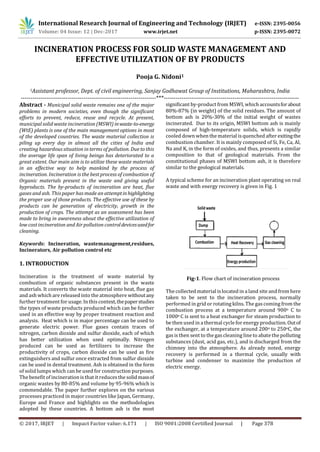 International Research Journal of Engineering and Technology (IRJET) e-ISSN: 2395-0056
Volume: 04 Issue: 12 | Dec-2017 www.irjet.net p-ISSN: 2395-0072
© 2017, IRJET | Impact Factor value: 6.171 | ISO 9001:2008 Certified Journal | Page 378
INCINERATION PROCESS FOR SOLID WASTE MANAGEMENT AND
EFFECTIVE UTILIZATION OF BY PRODUCTS
Pooja G. Nidoni1
1Assistant professor, Dept. of civil engineering, Sanjay Godhawat Group of Institutions, Maharashtra, India
---------------------------------------------------------------------***---------------------------------------------------------------------
Abstract - Municipal solid waste remains one of the major
problems in modern societies, even though the significant
efforts to prevent, reduce, reuse and recycle. At present,
municipal solid waste incineration (MSWI) inwaste-to-energy
(WtE) plants is one of the main management options in most
of the developed countries. The waste material collection is
piling up every day in almost all the cities of India and
creating hazardous situation in terms of pollution. Due to this
the average life span of living beings has deteriorated to a
great extent. Our main aim is to utilize these waste materials
in an effective way to help mankind by the process of
incineration. Incineration is the best process of combustion of
Organic materials present in the waste and giving useful
byproducts. The by-products of incineration are heat, flue
gases and ash. This paper has made an attemptinhighlighting
the proper use of those products. The effective use of these by
products can be generation of electricity, growth in the
production of crops. The attempt as an assessment has been
made to bring in awareness about the effective utilization of
low cost incineration and Air pollution controldevicesusedfor
cleaning.
Keywords: Incineration, wastemanagement,residues,
Incinerators, Air pollution control etc
1. INTRODUCTION
Incineration is the treatment of waste material by
combustion of organic substances present in the waste
materials. It converts the waste material into heat, flue gas
and ash which are released into the atmosphere withoutany
further treatment for usage. In this context,thepaperstudies
the types of waste products produced which can be further
used in an effective way by proper treatment reaction and
analysis. Heat which is in major percentage can be used to
generate electric power. Flue gases contain traces of
nitrogen, carbon dioxide and sulfur dioxide, each of which
has better utilization when used optimally. Nitrogen
produced can be used as fertilizers to increase the
productivity of crops, carbon dioxide can be used as fire
extinguishers and sulfur once extracted from sulfur dioxide
can be used in dental treatment. Ash is obtained in the form
of solid lumps which can be used for construction purposes.
The benefit of incineration is that it reducesthe solidmassof
organic wastes by 80-85% and volume by 95-96% which is
commendable. The paper further explores on the various
processes practiced in major countries like Japan, Germany,
Europe and France and highlights on the methodologies
adopted by these countries. A bottom ash is the most
significant by-product from MSWI, which accountsforabout
80%-87% (in weight) of the solid residues. The amount of
bottom ash is 20%-30% of the initial weight of wastes
incinerated. Due to its origin, MSWI bottom ash is mainly
composed of high-temperature solids, which is rapidly
cooled down when the material is quenched after exitingthe
combustion chamber. It is mainly composed of Si, Fe, Ca, Al,
Na and K, in the form of oxides, and thus, presents a similar
composition to that of geological materials. From the
constitutional phases of MSWI bottom ash, it is therefore
similar to the geological materials.
A typical scheme for an incineration plant operating on real
waste and with energy recovery is given in Fig. 1
Fig-1. Flow chart of incineration process
The collected material is located in a land site and from here
taken to be sent to the incineration process, normally
performed in grid or rotating kilns. The gascoming from the
combustion process at a temperature around 900o C to
1000o C is sent to a heat exchanger for steam production to
be then used in a thermal cycle for energy production.Outof
the exchanger, at a temperature around 200o to 250oC, the
gasis then sent to the gascleaning line to abate the polluting
substances (dust, acid gas, etc.), and is discharged from the
chimney into the atmosphere. As already noted, energy
recovery is performed in a thermal cycle, usually with
turbine and condenser to maximize the production of
electric energy.
 