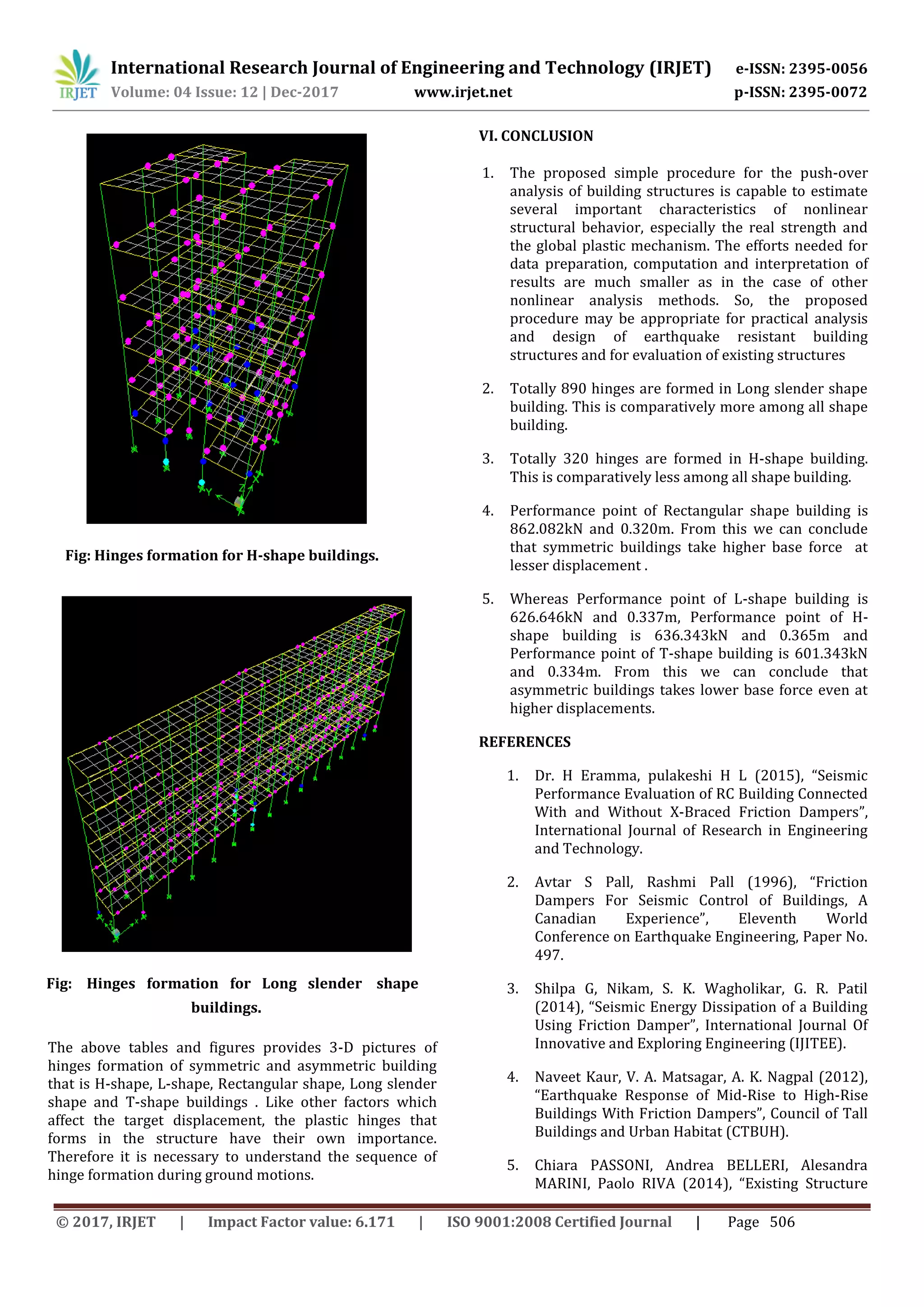 International Research Journal of Engineering and Technology (IRJET) e-ISSN: 2395-0056
Volume: 04 Issue: 12 | Dec-2017 www.irjet.net p-ISSN: 2395-0072
© 2017, IRJET | Impact Factor value: 6.171 | ISO 9001:2008 Certified Journal | Page 506
Fig: Hinges formation for H-shape buildings.
buildings.
The above tables and figures provides 3-D pictures of
hinges formation of symmetric and asymmetric building
that is H-shape, L-shape, Rectangular shape, Long slender
shape and T-shape buildings . Like other factors which
affect the target displacement, the plastic hinges that
forms in the structure have their own importance.
Therefore it is necessary to understand the sequence of
hinge formation during ground motions.
VI. CONCLUSION
1. The proposed simple procedure for the push-over
analysis of building structures is capable to estimate
several important characteristics of nonlinear
structural behavior, especially the real strength and
the global plastic mechanism. The efforts needed for
data preparation, computation and interpretation of
results are much smaller as in the case of other
nonlinear analysis methods. So, the proposed
procedure may be appropriate for practical analysis
and design of earthquake resistant building
structures and for evaluation of existing structures
2. Totally 890 hinges are formed in Long slender shape
building. This is comparatively more among all shape
building.
3. Totally 320 hinges are formed in H-shape building.
This is comparatively less among all shape building.
4. Performance point of Rectangular shape building is
862.082kN and 0.320m. From this we can conclude
that symmetric buildings take higher base force at
lesser displacement .
5. Whereas Performance point of L-shape building is
626.646kN and 0.337m, Performance point of H-
shape building is 636.343kN and 0.365m and
Performance point of T-shape building is 601.343kN
and 0.334m. From this we can conclude that
asymmetric buildings takes lower base force even at
higher displacements.
REFERENCES
1. Dr. H Eramma, pulakeshi H L (2015), “Seismic
Performance Evaluation of RC Building Connected
With and Without X-Braced Friction Dampers”,
International Journal of Research in Engineering
and Technology.
2. Avtar S Pall, Rashmi Pall (1996), “Friction
Dampers For Seismic Control of Buildings, A
Canadian Experience”, Eleventh World
Conference on Earthquake Engineering, Paper No.
497.
3. Shilpa G, Nikam, S. K. Wagholikar, G. R. Patil
(2014), “Seismic Energy Dissipation of a Building
Using Friction Damper”, International Journal Of
Innovative and Exploring Engineering (IJITEE).
4. Naveet Kaur, V. A. Matsagar, A. K. Nagpal (2012),
“Earthquake Response of Mid-Rise to High-Rise
Buildings With Friction Dampers”, Council of Tall
Buildings and Urban Habitat (CTBUH).
5. Chiara PASSONI, Andrea BELLERI, Alesandra
MARINI, Paolo RIVA (2014), “Existing Structure
Fig: Hinges formation for Long slender shape
 