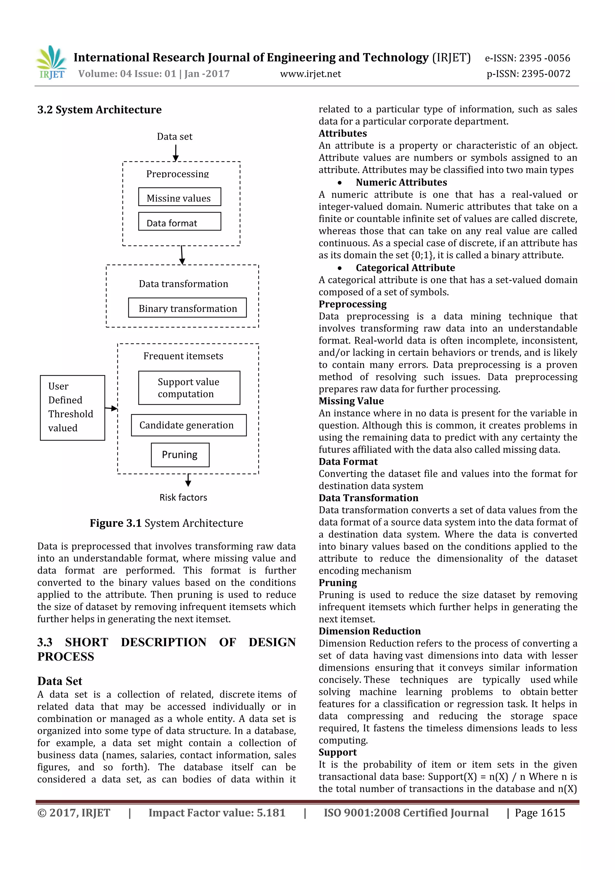 International Research Journal of Engineering and Technology (IRJET) e-ISSN: 2395 -0056
Volume: 04 Issue: 01 | Jan -2017 www.irjet.net p-ISSN: 2395-0072
© 2017, IRJET | Impact Factor value: 5.181 | ISO 9001:2008 Certified Journal | Page 1615
3.2 System Architecture
Figure 3.1 System Architecture
Data is preprocessed that involves transforming raw data
into an understandable format, where missing value and
data format are performed. This format is further
converted to the binary values based on the conditions
applied to the attribute. Then pruning is used to reduce
the size of dataset by removing infrequent itemsets which
further helps in generating the next itemset.
3.3 SHORT DESCRIPTION OF DESIGN
PROCESS
Data Set
A data set is a collection of related, discrete items of
related data that may be accessed individually or in
combination or managed as a whole entity. A data set is
organized into some type of data structure. In a database,
for example, a data set might contain a collection of
business data (names, salaries, contact information, sales
figures, and so forth). The database itself can be
considered a data set, as can bodies of data within it
related to a particular type of information, such as sales
data for a particular corporate department.
Attributes
An attribute is a property or characteristic of an object.
Attribute values are numbers or symbols assigned to an
attribute. Attributes may be classified into two main types
 Numeric Attributes
A numeric attribute is one that has a real-valued or
integer-valued domain. Numeric attributes that take on a
finite or countable infinite set of values are called discrete,
whereas those that can take on any real value are called
continuous. As a special case of discrete, if an attribute has
as its domain the set {0;1}, it is called a binary attribute.
 Categorical Attribute
A categorical attribute is one that has a set-valued domain
composed of a set of symbols.
Preprocessing
Data preprocessing is a data mining technique that
involves transforming raw data into an understandable
format. Real-world data is often incomplete, inconsistent,
and/or lacking in certain behaviors or trends, and is likely
to contain many errors. Data preprocessing is a proven
method of resolving such issues. Data preprocessing
prepares raw data for further processing.
Missing Value
An instance where in no data is present for the variable in
question. Although this is common, it creates problems in
using the remaining data to predict with any certainty the
futures affiliated with the data also called missing data.
Data Format
Converting the dataset file and values into the format for
destination data system
Data Transformation
Data transformation converts a set of data values from the
data format of a source data system into the data format of
a destination data system. Where the data is converted
into binary values based on the conditions applied to the
attribute to reduce the dimensionality of the dataset
encoding mechanism
Pruning
Pruning is used to reduce the size dataset by removing
infrequent itemsets which further helps in generating the
next itemset.
Dimension Reduction
Dimension Reduction refers to the process of converting a
set of data having vast dimensions into data with lesser
dimensions ensuring that it conveys similar information
concisely. These techniques are typically used while
solving machine learning problems to obtain better
features for a classification or regression task. It helps in
data compressing and reducing the storage space
required, It fastens the timeless dimensions leads to less
computing.
Support
It is the probability of item or item sets in the given
transactional data base: Support(X) = n(X) / n Where n is
the total number of transactions in the database and n(X)
Preprocessing
Data format
Data transformation
Frequent itemsets
Support value
computation
Candidate generation
Missing values
Binary transformation
Pruning
User
Defined
Threshold
valued
Data set
Risk factors
 
