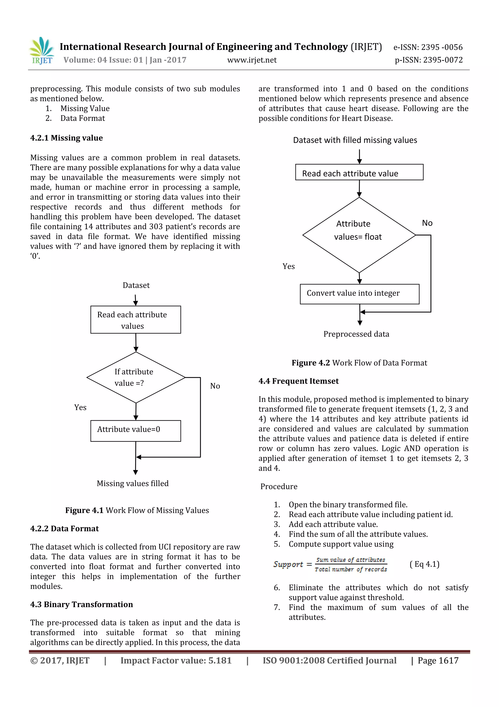 International Research Journal of Engineering and Technology (IRJET) e-ISSN: 2395 -0056
Volume: 04 Issue: 01 | Jan -2017 www.irjet.net p-ISSN: 2395-0072
© 2017, IRJET | Impact Factor value: 5.181 | ISO 9001:2008 Certified Journal | Page 1617
preprocessing. This module consists of two sub modules
as mentioned below.
1. Missing Value
2. Data Format
4.2.1 Missing value
Missing values are a common problem in real datasets.
There are many possible explanations for why a data value
may be unavailable the measurements were simply not
made, human or machine error in processing a sample,
and error in transmitting or storing data values into their
respective records and thus different methods for
handling this problem have been developed. The dataset
file containing 14 attributes and 303 patient’s records are
saved in data file format. We have identified missing
values with ‘?’ and have ignored them by replacing it with
‘0’.
Figure 4.1 Work Flow of Missing Values
4.2.2 Data Format
The dataset which is collected from UCI repository are raw
data. The data values are in string format it has to be
converted into float format and further converted into
integer this helps in implementation of the further
modules.
4.3 Binary Transformation
The pre-processed data is taken as input and the data is
transformed into suitable format so that mining
algorithms can be directly applied. In this process, the data
are transformed into 1 and 0 based on the conditions
mentioned below which represents presence and absence
of attributes that cause heart disease. Following are the
possible conditions for Heart Disease.
Figure 4.2 Work Flow of Data Format
4.4 Frequent Itemset
In this module, proposed method is implemented to binary
transformed file to generate frequent itemsets (1, 2, 3 and
4) where the 14 attributes and key attribute patients id
are considered and values are calculated by summation
the attribute values and patience data is deleted if entire
row or column has zero values. Logic AND operation is
applied after generation of itemset 1 to get itemsets 2, 3
and 4.
Procedure
1. Open the binary transformed file.
2. Read each attribute value including patient id.
3. Add each attribute value.
4. Find the sum of all the attribute values.
5. Compute support value using
( Eq 4.1)
6. Eliminate the attributes which do not satisfy
support value against threshold.
7. Find the maximum of sum values of all the
attributes.
Dataset
Read each attribute
values
If attribute
value =?
Attribute value=0
Missing values filled
Yes
No
Dataset with filled missing values
Read each attribute value
Attribute
values= float
Convert value into integer
Preprocessed data
Yes
No
 