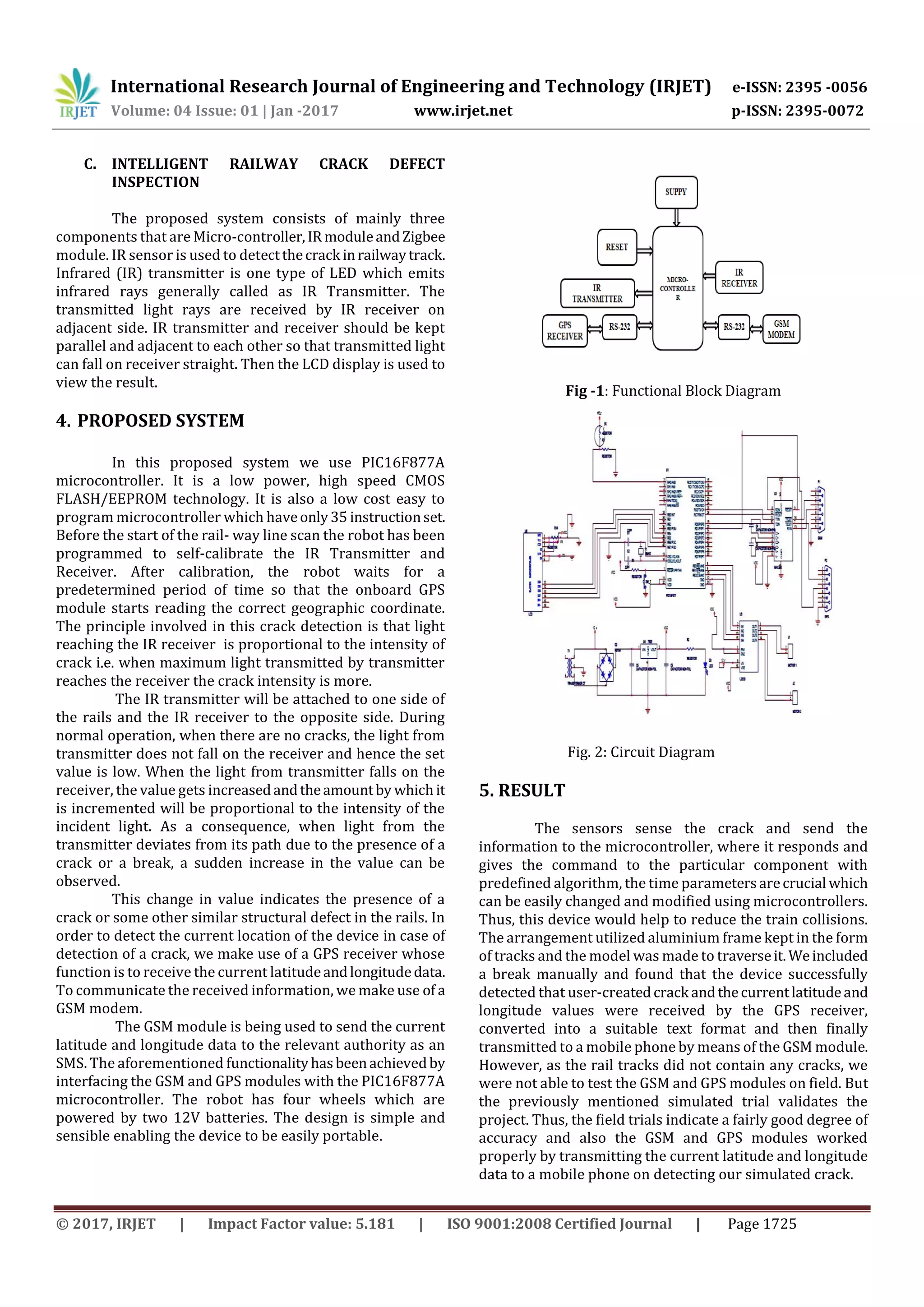 International Research Journal of Engineering and Technology (IRJET) e-ISSN: 2395 -0056
Volume: 04 Issue: 01 | Jan -2017 www.irjet.net p-ISSN: 2395-0072
© 2017, IRJET | Impact Factor value: 5.181 | ISO 9001:2008 Certified Journal | Page 1725
C. INTELLIGENT RAILWAY CRACK DEFECT
INSPECTION
The proposed system consists of mainly three
components that are Micro-controller,IR moduleandZigbee
module. IR sensor is used to detectthecrack inrailwaytrack.
Infrared (IR) transmitter is one type of LED which emits
infrared rays generally called as IR Transmitter. The
transmitted light rays are received by IR receiver on
adjacent side. IR transmitter and receiver should be kept
parallel and adjacent to each other so that transmitted light
can fall on receiver straight. Then the LCD display is used to
view the result.
4. PROPOSED SYSTEM
In this proposed system we use PIC16F877A
microcontroller. It is a low power, high speed CMOS
FLASH/EEPROM technology. It is also a low cost easy to
program microcontroller which haveonly35 instructionset.
Before the start of the rail- way line scan the robot has been
programmed to self-calibrate the IR Transmitter and
Receiver. After calibration, the robot waits for a
predetermined period of time so that the onboard GPS
module starts reading the correct geographic coordinate.
The principle involved in this crack detection is that light
reaching the IR receiver is proportional to the intensity of
crack i.e. when maximum light transmitted by transmitter
reaches the receiver the crack intensity is more.
The IR transmitter will be attached to one side of
the rails and the IR receiver to the opposite side. During
normal operation, when there are no cracks, the light from
transmitter does not fall on the receiver and hence the set
value is low. When the light from transmitter falls on the
receiver, the value gets increasedandtheamountby whichit
is incremented will be proportional to the intensity of the
incident light. As a consequence, when light from the
transmitter deviates from its path due to the presence of a
crack or a break, a sudden increase in the value can be
observed.
This change in value indicates the presence of a
crack or some other similar structural defect in the rails. In
order to detect the current location of the device in case of
detection of a crack, we make use of a GPS receiver whose
function is to receive the current latitudeandlongitudedata.
To communicate the received information, we make use of a
GSM modem.
The GSM module is being used to send the current
latitude and longitude data to the relevant authority as an
SMS. The aforementioned functionalityhasbeenachievedby
interfacing the GSM and GPS modules with the PIC16F877A
microcontroller. The robot has four wheels which are
powered by two 12V batteries. The design is simple and
sensible enabling the device to be easily portable.
Fig -1: Functional Block Diagram
Fig. 2: Circuit Diagram
5. RESULT
The sensors sense the crack and send the
information to the microcontroller, where it responds and
gives the command to the particular component with
predefined algorithm, the time parametersarecrucial which
can be easily changed and modified using microcontrollers.
Thus, this device would help to reduce the train collisions.
The arrangement utilized aluminium frame kept in the form
of tracks and the model was made to traverseit. Weincluded
a break manually and found that the device successfully
detected that user-createdcrack andthecurrentlatitudeand
longitude values were received by the GPS receiver,
converted into a suitable text format and then finally
transmitted to a mobile phone by means of the GSM module.
However, as the rail tracks did not contain any cracks, we
were not able to test the GSM and GPS modules on field. But
the previously mentioned simulated trial validates the
project. Thus, the field trials indicate a fairly good degree of
accuracy and also the GSM and GPS modules worked
properly by transmitting the current latitude and longitude
data to a mobile phone on detecting our simulated crack.
 