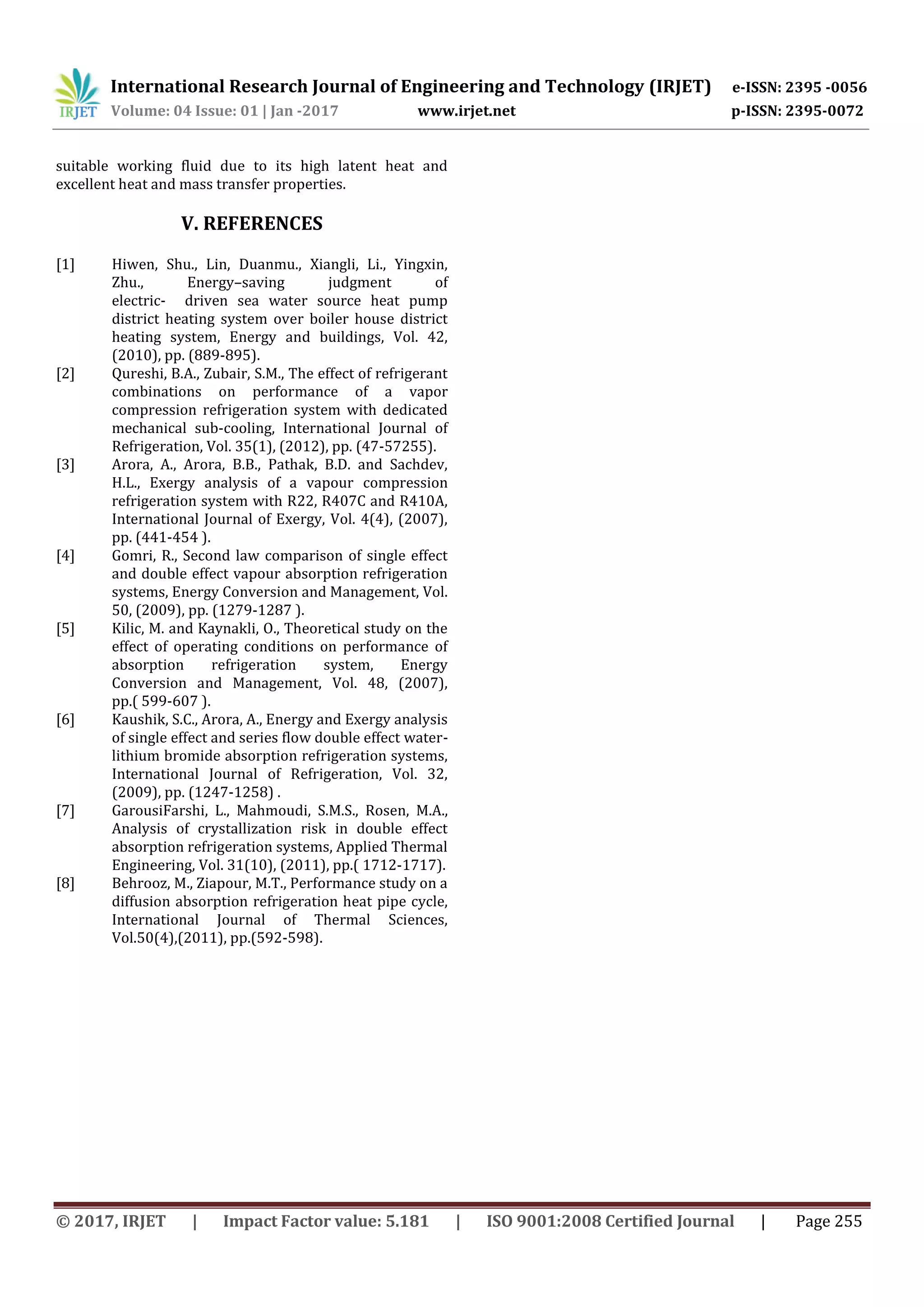 International Research Journal of Engineering and Technology (IRJET) e-ISSN: 2395 -0056
Volume: 04 Issue: 01 | Jan -2017 www.irjet.net p-ISSN: 2395-0072
© 2017, IRJET | Impact Factor value: 5.181 | ISO 9001:2008 Certified Journal | Page 255
suitable working fluid due to its high latent heat and
excellent heat and mass transfer properties.
V. REFERENCES
[1] Hiwen, Shu., Lin, Duanmu., Xiangli, Li., Yingxin,
Zhu., Energy–saving judgment of
electric- driven sea water source heat pump
district heating system over boiler house district
heating system, Energy and buildings, Vol. 42,
(2010), pp. (889-895).
[2] Qureshi, B.A., Zubair, S.M., The effect of refrigerant
combinations on performance of a vapor
compression refrigeration system with dedicated
mechanical sub-cooling, International Journal of
Refrigeration, Vol. 35(1), (2012), pp. (47-57255).
[3] Arora, A., Arora, B.B., Pathak, B.D. and Sachdev,
H.L., Exergy analysis of a vapour compression
refrigeration system with R22, R407C and R410A,
International Journal of Exergy, Vol. 4(4), (2007),
pp. (441-454 ).
[4] Gomri, R., Second law comparison of single effect
and double effect vapour absorption refrigeration
systems, Energy Conversion and Management, Vol.
50, (2009), pp. (1279-1287 ).
[5] Kilic, M. and Kaynakli, O., Theoretical study on the
effect of operating conditions on performance of
absorption refrigeration system, Energy
Conversion and Management, Vol. 48, (2007),
pp.( 599-607 ).
[6] Kaushik, S.C., Arora, A., Energy and Exergy analysis
of single effect and series flow double effect water-
lithium bromide absorption refrigeration systems,
International Journal of Refrigeration, Vol. 32,
(2009), pp. (1247-1258) .
[7] GarousiFarshi, L., Mahmoudi, S.M.S., Rosen, M.A.,
Analysis of crystallization risk in double effect
absorption refrigeration systems, Applied Thermal
Engineering, Vol. 31(10), (2011), pp.( 1712-1717).
[8] Behrooz, M., Ziapour, M.T., Performance study on a
diffusion absorption refrigeration heat pipe cycle,
International Journal of Thermal Sciences,
Vol.50(4),(2011), pp.(592-598).
 