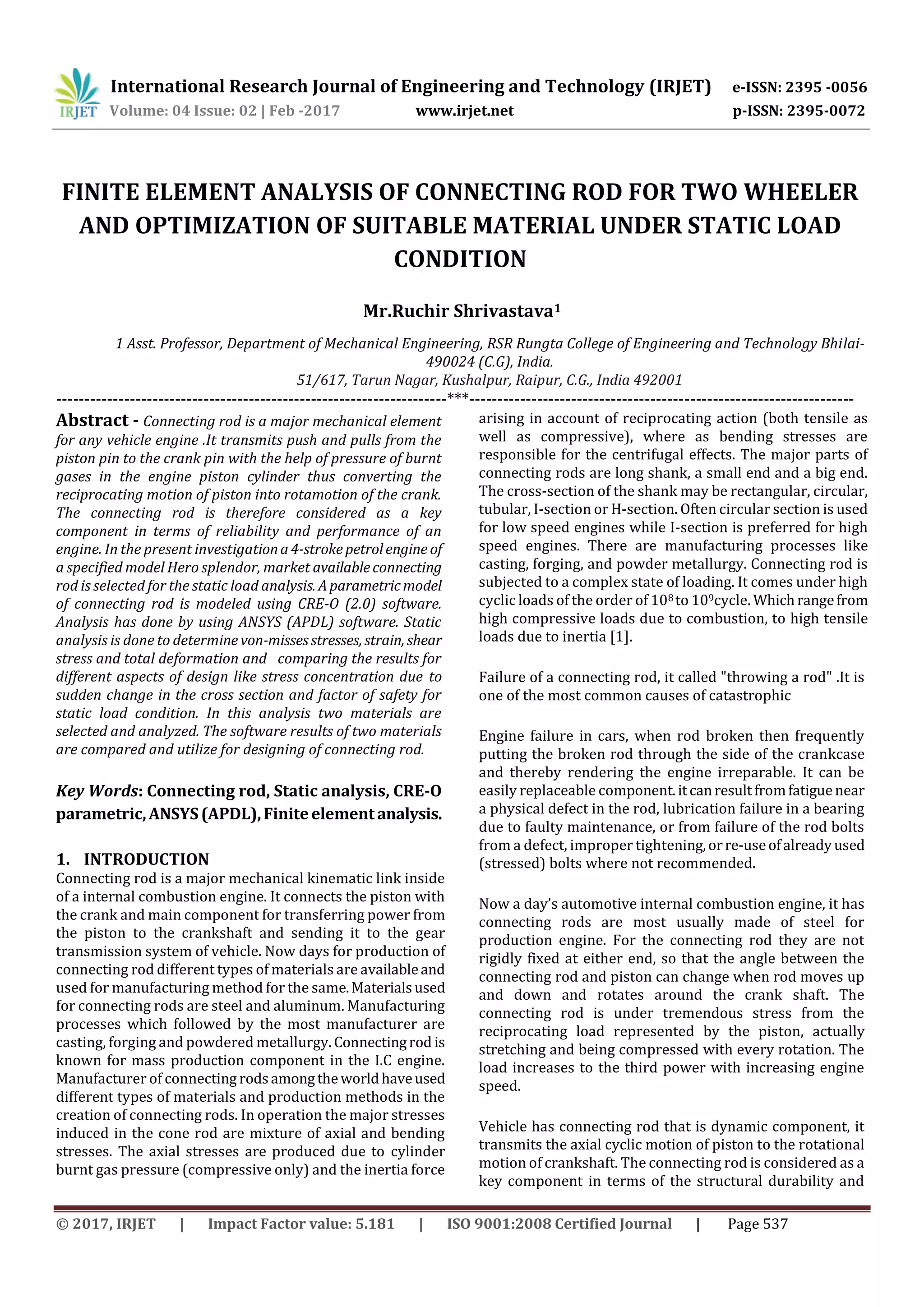 Finite Element Analysis of Connecting Rod for Two Wheeler and