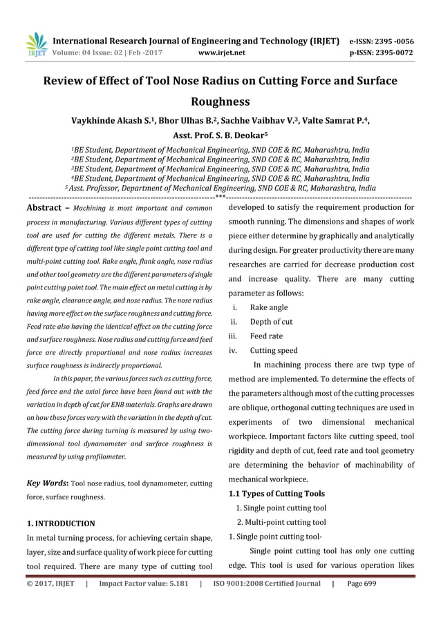 Review of Effect of Tool Nose Radius on Cutting Force and Surface ...
