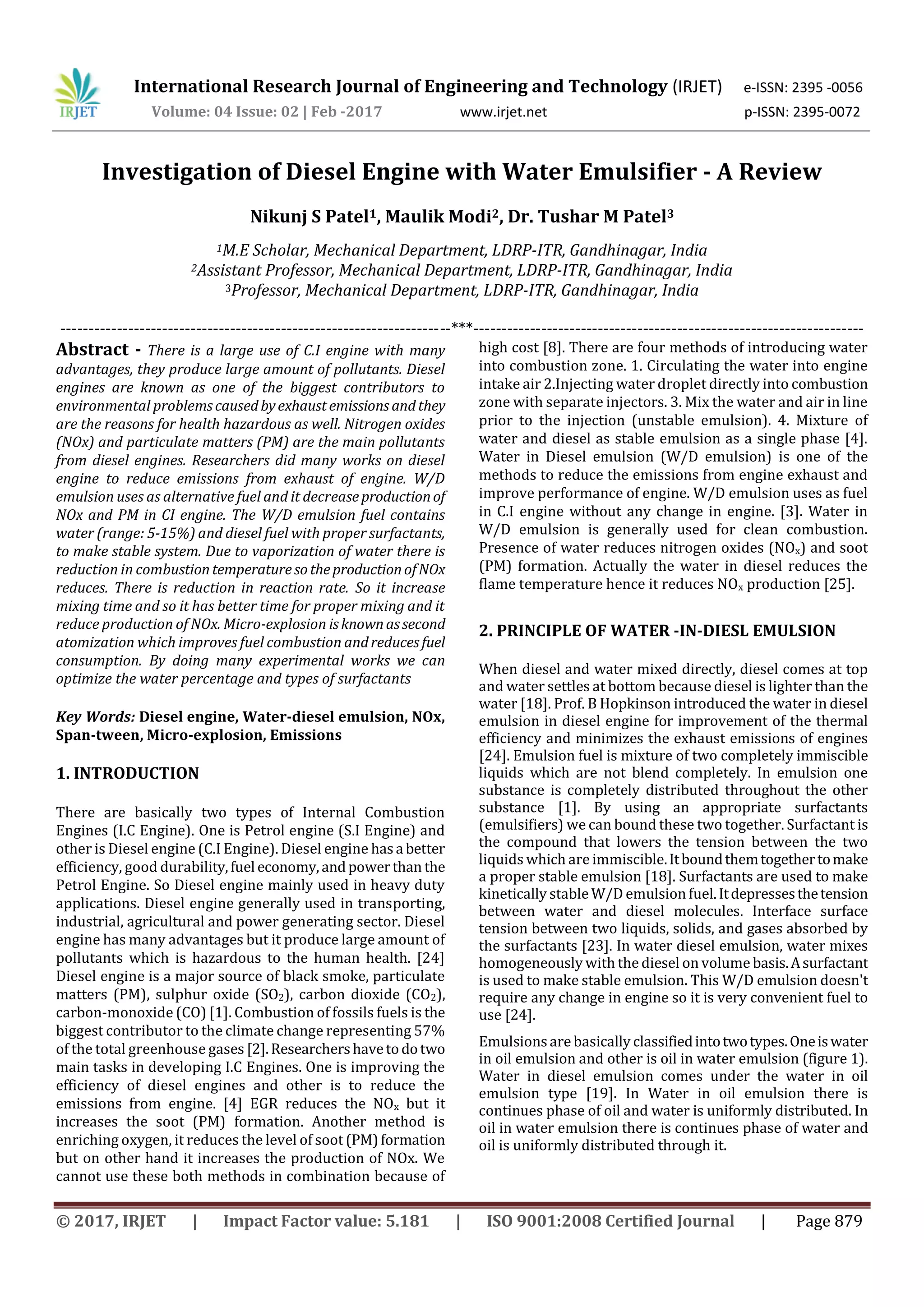 Investigation of Diesel Engine with Water Emulsifier A Review PDF