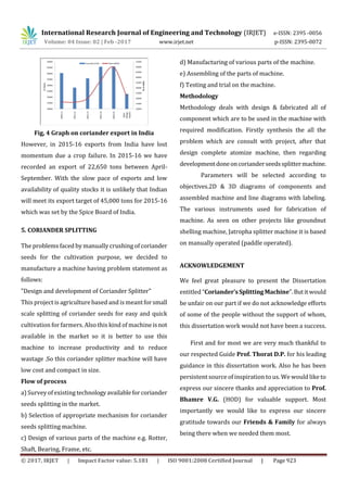 International Research Journal of Engineering and Technology (IRJET) e-ISSN: 2395 -0056
Volume: 04 Issue: 02 | Feb -2017 www.irjet.net p-ISSN: 2395-0072
© 2017, IRJET | Impact Factor value: 5.181 | ISO 9001:2008 Certified Journal | Page 923
Fig, 4 Graph on coriander export in India
However, in 2015-16 exports from India have lost
momentum due a crop failure. In 2015-16 we have
recorded an export of 22,650 tons between April-
September. With the slow pace of exports and low
availability of quality stocks it is unlikely that Indian
will meet its export target of 45,000 tons for 2015-16
which was set by the Spice Board of India.
5. CORIANDER SPLITTING
The problems faced by manually crushing of coriander
seeds for the cultivation purpose, we decided to
manufacture a machine having problem statement as
follows:
"Design and development of Coriander Splitter"
This project is agriculture based andis meantforsmall
scale splitting of coriander seeds for easy and quick
cultivation for farmers. Also this kind of machine isnot
available in the market so it is better to use this
machine to increase productivity and to reduce
wastage .So this coriander splitter machine will have
low cost and compact in size.
Flow of process
a) Survey of existing technologyavailableforcoriander
seeds splitting in the market.
b) Selection of appropriate mechanism for coriander
seeds splitting machine.
c) Design of various parts of the machine e.g. Rotter,
Shaft, Bearing, Frame, etc.
d) Manufacturing of various parts of the machine.
e) Assembling of the parts of machine.
f) Testing and trial on the machine.
Methodology
Methodology deals with design & fabricated all of
component which are to be used in the machine with
required modification. Firstly synthesis the all the
problem which are consult with project, after that
design complete atomize machine, then regarding
developmentdoneoncorianderseedssplittermachine.
Parameters will be selected according to
objectives.2D & 3D diagrams of components and
assembled machine and line diagrams with labeling.
The various instruments used for fabrication of
machine. As seen on other projects like groundnut
shelling machine, Jatropha splitter machine it is based
on manually operated (paddle operated).
ACKNOWLEDGEMENT
We feel great pleasure to present the Dissertation
entitled “Coriander’sSplittingMachine”.Butitwould
be unfair on our part if we do not acknowledge efforts
of some of the people without the support of whom,
this dissertation work would not have been a success.
First and for most we are very much thankful to
our respected Guide Prof. Thorat D.P. for his leading
guidance in this dissertation work. Also he has been
persistent source of inspiration to us. We would like to
express our sincere thanks and appreciation to Prof.
Bhamre V.G. (HOD) for valuable support. Most
importantly we would like to express our sincere
gratitude towards our Friends & Family for always
being there when we needed them most.
 