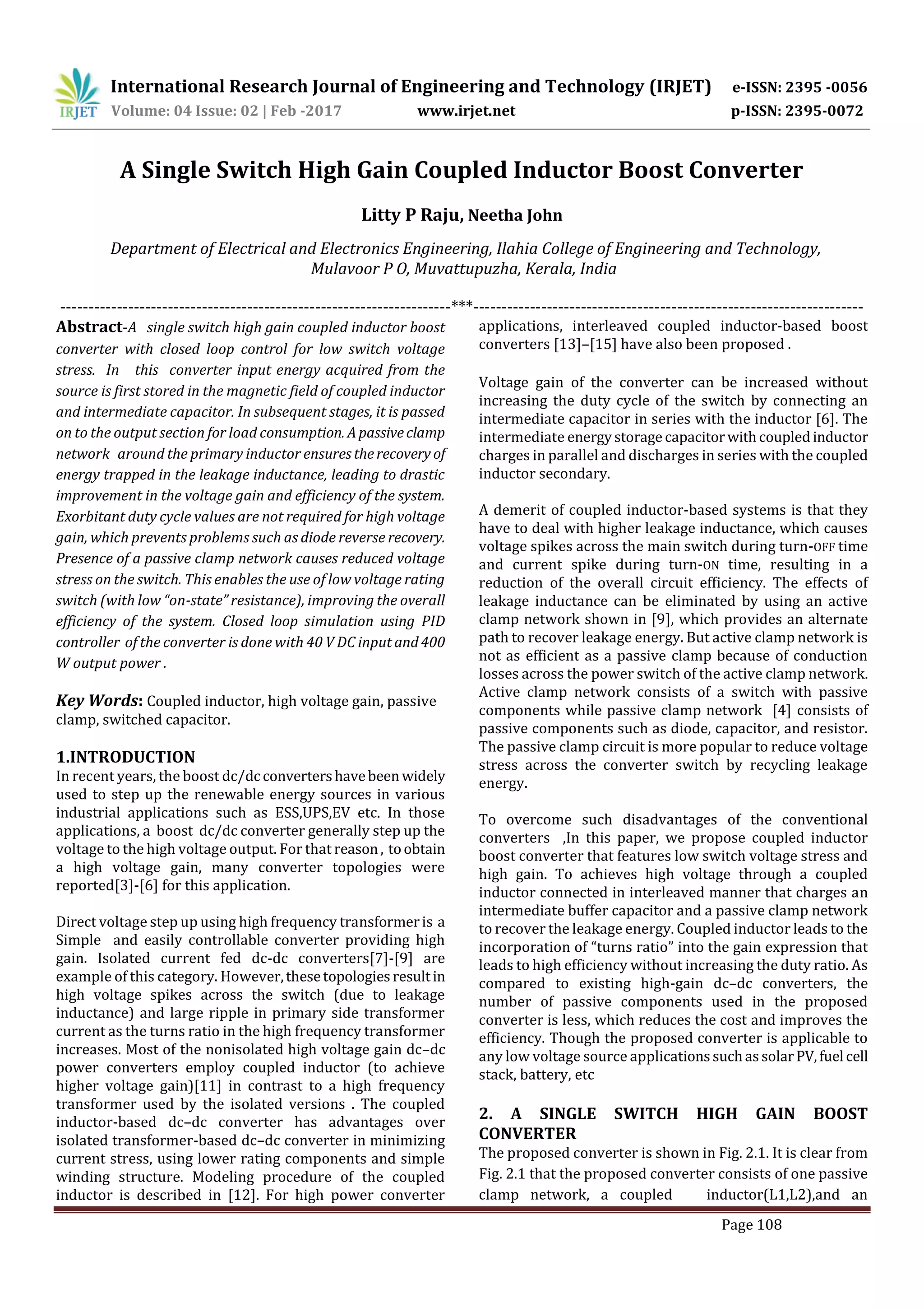 A Single Switch High Gain Coupled Inductor Boost Converter | PDF