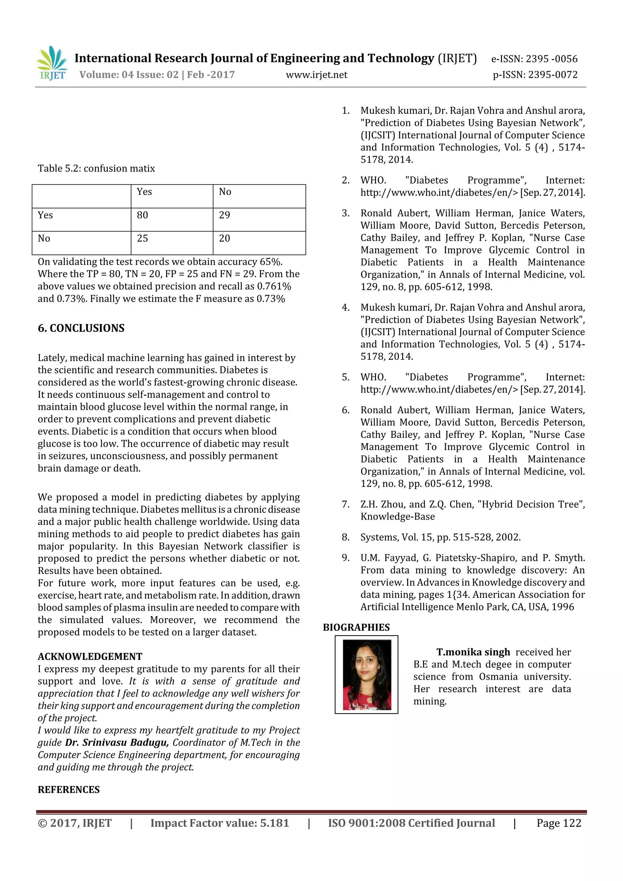 International Research Journal of Engineering and Technology (IRJET) e-ISSN: 2395 -0056
Volume: 04 Issue: 02 | Feb -2017 www.irjet.net p-ISSN: 2395-0072
© 2017, IRJET | Impact Factor value: 5.181 | ISO 9001:2008 Certified Journal | Page 122
Table 5.2: confusion matix
Yes No
Yes 80 29
No 25 20
On validating the test records we obtain accuracy 65%.
Where the TP = 80, TN = 20, FP = 25 and FN = 29. From the
above values we obtained precision and recall as 0.761%
and 0.73%. Finally we estimate the F measure as 0.73%
6. CONCLUSIONS
Lately, medical machine learning has gained in interest by
the scientific and research communities. Diabetes is
considered as the world's fastest-growing chronic disease.
It needs continuous self-management and control to
maintain blood glucose level within the normal range, in
order to prevent complications and prevent diabetic
events. Diabetic is a condition that occurs when blood
glucose is too low. The occurrence of diabetic may result
in seizures, unconsciousness, and possibly permanent
brain damage or death.
We proposed a model in predicting diabetes by applying
data mining technique. Diabetes mellitusisa chronicdisease
and a major public health challenge worldwide. Using data
mining methods to aid people to predict diabetes has gain
major popularity. In this Bayesian Network classifier is
proposed to predict the persons whether diabetic or not.
Results have been obtained.
For future work, more input features can be used, e.g.
exercise, heart rate, and metabolism rate. In addition,drawn
blood samples of plasma insulin are neededtocompare with
the simulated values. Moreover, we recommend the
proposed models to be tested on a larger dataset.
ACKNOWLEDGEMENT
I express my deepest gratitude to my parents for all their
support and love. It is with a sense of gratitude and
appreciation that I feel to acknowledge any well wishers for
their king support and encouragement during the completion
of the project.
I would like to express my heartfelt gratitude to my Project
guide Dr. Srinivasu Badugu, Coordinator of M.Tech in the
Computer Science Engineering department, for encouraging
and guiding me through the project.
REFERENCES
1. Mukesh kumari, Dr. Rajan Vohra and Anshul arora,
"Prediction of Diabetes Using Bayesian Network",
(IJCSIT) International Journal of Computer Science
and Information Technologies, Vol. 5 (4) , 5174-
5178, 2014.
2. WHO. "Diabetes Programme", Internet:
http://www.who.int/diabetes/en/>[Sep.27,2014].
3. Ronald Aubert, William Herman, Janice Waters,
William Moore, David Sutton, Bercedis Peterson,
Cathy Bailey, and Jeffrey P. Koplan, "Nurse Case
Management To Improve Glycemic Control in
Diabetic Patients in a Health Maintenance
Organization," in Annals of Internal Medicine, vol.
129, no. 8, pp. 605-612, 1998.
4. Mukesh kumari, Dr. Rajan Vohra and Anshul arora,
"Prediction of Diabetes Using Bayesian Network",
(IJCSIT) International Journal of Computer Science
and Information Technologies, Vol. 5 (4) , 5174-
5178, 2014.
5. WHO. "Diabetes Programme", Internet:
http://www.who.int/diabetes/en/>[Sep.27,2014].
6. Ronald Aubert, William Herman, Janice Waters,
William Moore, David Sutton, Bercedis Peterson,
Cathy Bailey, and Jeffrey P. Koplan, "Nurse Case
Management To Improve Glycemic Control in
Diabetic Patients in a Health Maintenance
Organization," in Annals of Internal Medicine, vol.
129, no. 8, pp. 605-612, 1998.
7. Z.H. Zhou, and Z.Q. Chen, "Hybrid Decision Tree",
Knowledge-Base
8. Systems, Vol. 15, pp. 515-528, 2002.
9. U.M. Fayyad, G. Piatetsky-Shapiro, and P. Smyth.
From data mining to knowledge discovery: An
overview. In Advances in Knowledge discovery and
data mining, pages 1{34. American Association for
Artificial Intelligence Menlo Park, CA, USA, 1996
BIOGRAPHIES
T.monika singh received her
B.E and M.tech degee in computer
science from Osmania university.
Her research interest are data
mining.
 