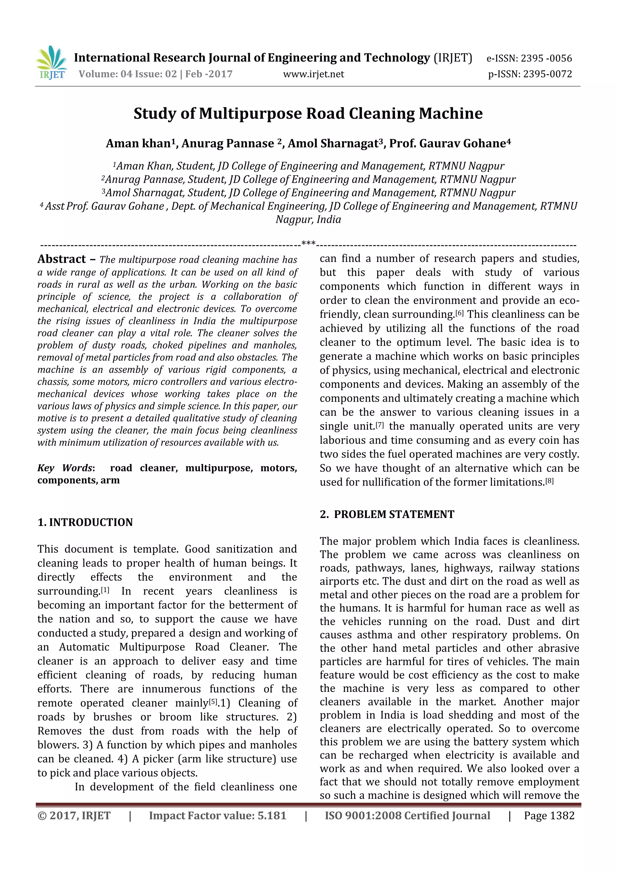 Study of Multipurpose Road Cleaning Machine | PDF