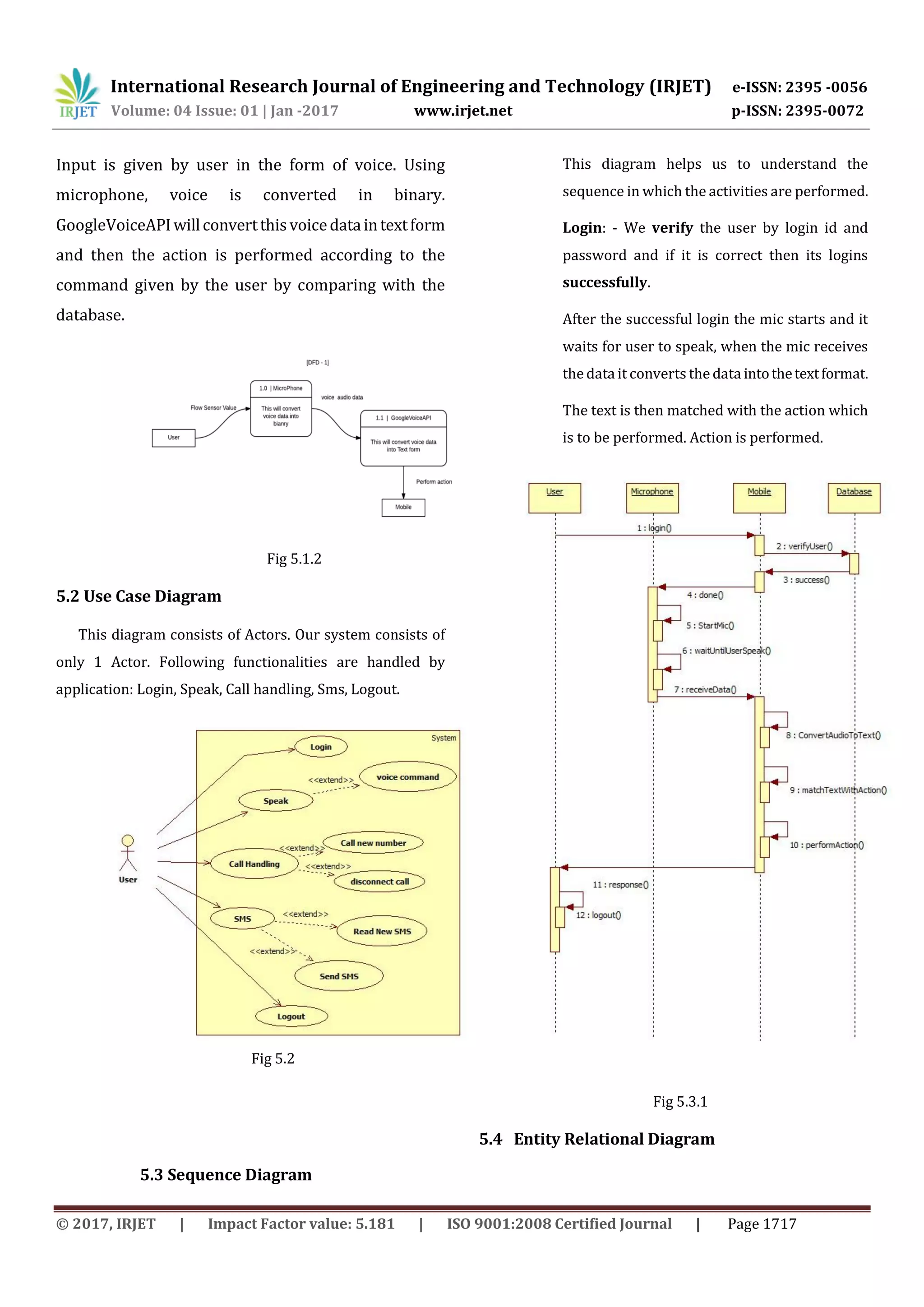 International Research Journal of Engineering and Technology (IRJET) e-ISSN: 2395 -0056
Volume: 04 Issue: 01 | Jan -2017 www.irjet.net p-ISSN: 2395-0072
© 2017, IRJET | Impact Factor value: 5.181 | ISO 9001:2008 Certified Journal | Page 1717
Input is given by user in the form of voice. Using
microphone, voice is converted in binary.
GoogleVoiceAPIwillconvertthisvoicedataintextform
and then the action is performed according to the
command given by the user by comparing with the
database.
Fig 5.1.2
5.2 Use Case Diagram
This diagram consists of Actors. Our system consists of
only 1 Actor. Following functionalities are handled by
application: Login, Speak, Call handling, Sms, Logout.
Fig 5.2
5.3 Sequence Diagram
This diagram helps us to understand the
sequence in which the activities are performed.
Login: - We verify the user by login id and
password and if it is correct then its logins
successfully.
After the successful login the mic starts and it
waits for user to speak, when the mic receives
the data it converts the data intothetextformat.
The text is then matched with the action which
is to be performed. Action is performed.
Fig 5.3.1
5.4 Entity Relational Diagram
 