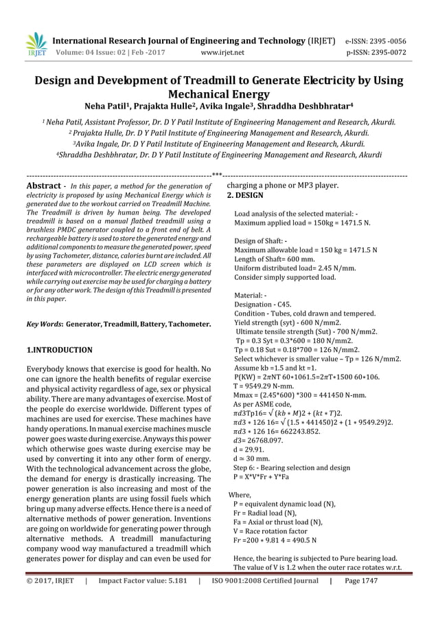 Design and Development of Treadmill to Generate Electricity by Using