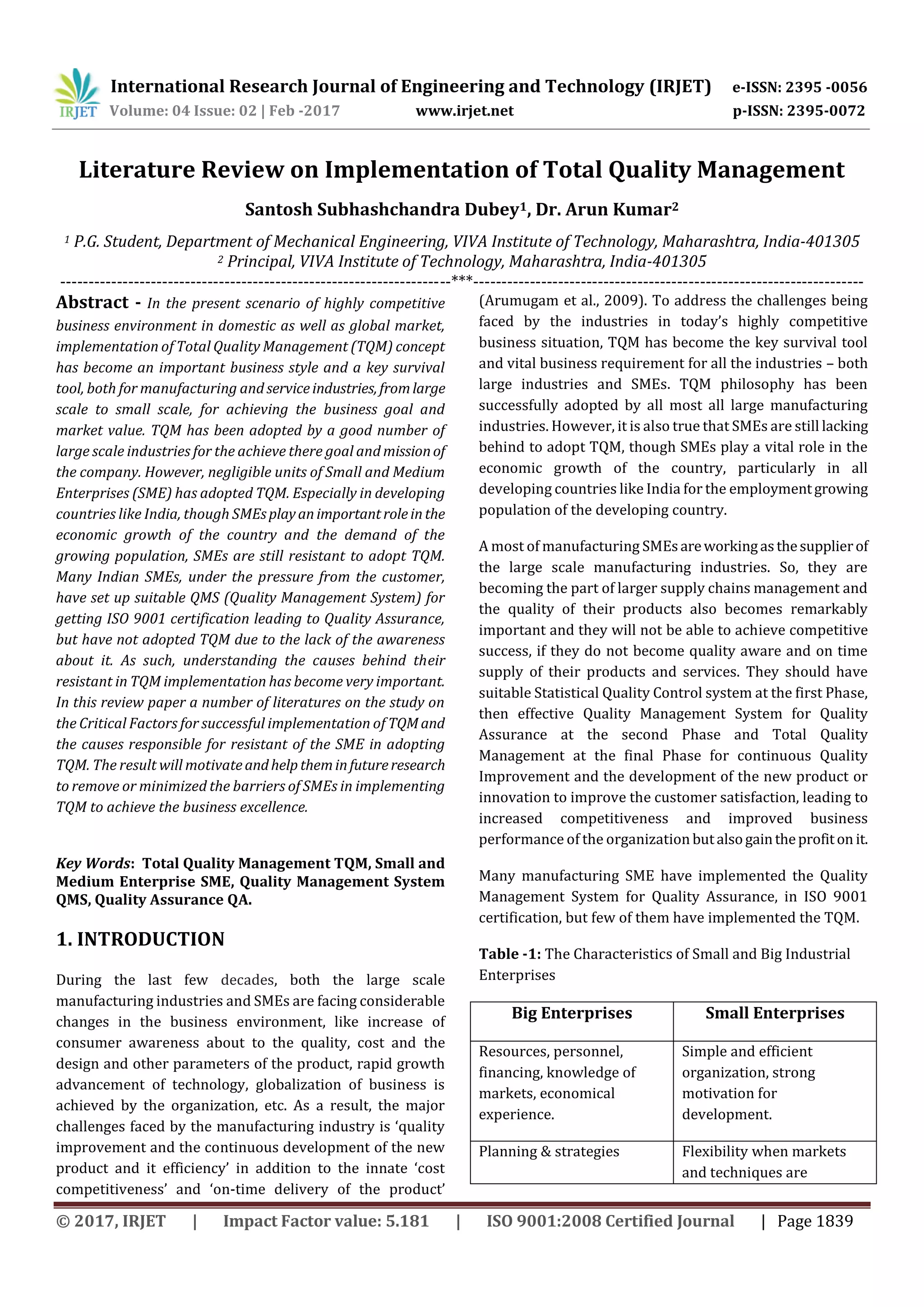Literature Review on Implementation of Total Quality Management | PDF