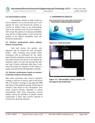 International Research Journal of Engineering and Technology (IRJET) e-ISSN: 2395 -0056
Volume: 04 Issue: 02 | Feb -2017 www.irjet.net p-ISSN: 2395-0072
© 2017, IRJET | Impact Factor value: 5.181 | ISO 9001:2008 Certified Journal | Page 1938
3.2. Intermediates activity
Intermediate consists of both normal as
well as attackers. If it is normal node, just it will
append its name and forward the packets to
receiver to indicate them as the intermediate
node. In the attacker’s case, if it is low attacker, it
will corrupt the packets in minimum probability
ratio and if it is high attacker, it will corrupt the
packets in the highest probability ratio and
forward to destination.
3.3. Receiver performance based without
history of transaction
Sink will receive the packets and
signature will be created for each encrypted
packet. After receiving every packet, batch
verification will be performed for the whole
batch. If batch verification returns true, then sink
will make decision that batch is not affected by
malicious nodes. So, sink will decrypt the data
and read. If batch verification fails, then it will
check the history for attackers. If the history is
empty, sink will choose CBI algorithm in default.
3.4. Receiver performance based on mixture
of attackers history of transaction
After batch verification fails, check if attacker’s
strategy is only low in history, then it will choose
CBI or if attacker’s strategy is only high, then MRI
will choose. If the database consists of both type of
attackers, then based on the self-adaptive auto-
match protocol formula, algorithm is chosen
automatically. After every transaction, receiver
updates history for attackers. If attacker attacks
continuously 3 times, then receiver intimate to
normal users about the attackers.
4. EXPERIMENTAL RESULTS
Figure 4.1 –Node formation
Figure 4.2- Intermediate nodes transfer the
messages to the destination
 