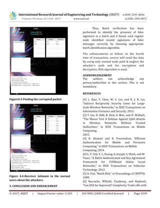 International Research Journal of Engineering and Technology (IRJET) e-ISSN: 2395 -0056
Volume: 04 Issue: 02 | Feb -2017 www.irjet.net p-ISSN: 2395-0072
© 2017, IRJET | Impact Factor value: 5.181 | ISO 9001:2008 Certified Journal | Page 1939
Figure4.3-Finding the corrupted packet
Figure 4.4-Receiver intimate to the normal
users about the attackers.
5. CONCLUSION AND ENHANCEMENT
Thus, Batch verification has been
performed to identify the presence of false
signature in a batch and if found, each regular
node identified invalid signatures of false
messages correctly by choosing appropriate
batch identification algorithm.
The enhancements as follow: In the fourth
time of transaction, source will send the data
by using only normal node path & neglect the
attacker’s path and for encryption and
decryption, RSA algorithm is used.
ACKNOWLEDGEMENT
The authors can acknowledge any
person/authorities in this section. This is not
mandatory.
REFERENCES
[1] L. Xiao, Y. Chen, W. S. Lin, and K. J. R. Liu,
“Indirect Reciprocity Security Game for Large-
Scale Wireless Networks,” in IEEE Transactions on
Information Forensics and Security, 2012.
[2] Y. Liu, D. Bild, R. Dick, Z. Mao, and D. Wallach,
“The Mason Test A Defense Against Sybil Attacks
in Wireless Networks Without Trusted
Authorities,” in IEEE Transactions on Mobile
Computing,
2015.
[3] B. Alomair and R. Poovendran, “Efficient
Authentication for Mobile and Pervasive
Computing,” in IEEE Transactions on Mobile
Computing, 2014.
[4] L. Y. Yeh, Y. L. Huang, A. Joseph, S. Shieh, and W.
Tsaur, “A Batch-Authenticated and Key Agreement
Framework for P2PBased Online Social
Networks,” in IEEE Transactions on Vehicular
Technology, 2012.
[5] A. Fiat, “Batch RSA,” in Proceedings of CRYPTO,
1989.
[6] Naccache, M’Raihi, Vaudenay, and Raphaeli,
“Can DSA be Improved? Complexity Trade-offs with
 