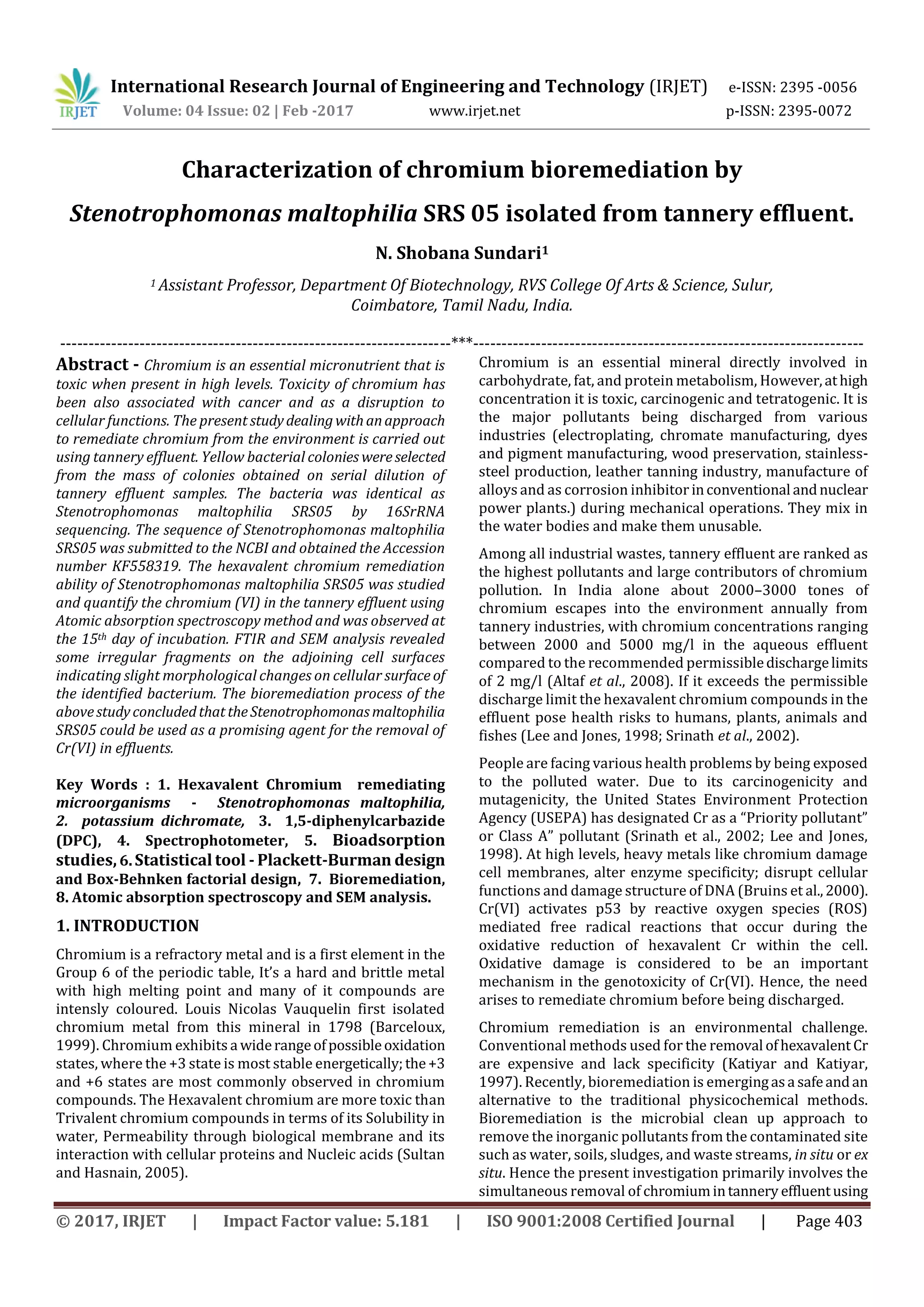 Characterization of chromium bioremediation by Stenotrophomonas ...