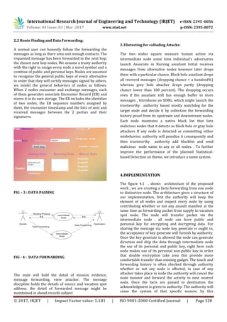 International Research Journal of Engineering and Technology (IRJET) e-ISSN: 2395 -0056
Volume: 04 Issue: 03 | Mar -2017 www.irjet.net p-ISSN: 2395-0072
© 2017, IRJET | Impact Factor value: 5.181 | ISO 9001:2008 Certified Journal | Page 328
2.2 Route Finding and Data Forwarding:
A normal user can honestly follow the forwarding the
messages as long as there area unit enough contacts. The
requested message has been forwarded to the next hop,
the chosen next hop nodes. We assume a trusty authority
with the right to assign every node a novel symbol and a
combine of public and personal keys. Nodes are assumed
to recognize the general public keys of every alternative
in order that they will certify messages signed by others.
we model the general behaviors of nodes as follows.
When 2 nodes encounter and exchange messages, each
of them generates associate Encounter Record (ER) and
stores it in its own storage. The ER includes the identities
of two nodes, the ER sequence numbers assigned by
them, the encounter timestamp and the lists of sent and
received messages between the 2 parties and their
signatures.
FIG – 3 : DATA PASSING
FIG - 4 : DATA FORWARDING
The node will hold the detail of mission evidence,
message forwarding, view attacker. The message
discipline holds the details of source and vacation spot
address. the detail of forwarded message might be
maintained in ahead records subject
2.3Detecting for colluding Attacks:
The two nodes square measure human action via
intermediate node some time individual’s adversaries
launch Associate in Nursing assailant initial receives
messages from alternative nodes however later drops
them with a particular chance. Black hole assailant drops
all received messages (dropping chance = a hundred%)
whereas grey hole attacker drops partly (dropping
chance lower than 100 percent). The dropping occurs
even if the assailant still has enough buffer to store
messages , Introduces an SDBG, which might launch the
trustworthy authority based mostly watchdog for the
target node and decide it by collection the forwarding
history proof from its upstream and downstream nodes.
Each node maintains a native black list that lists
malicious nodes that it detects as black hole or gray hole
attackers If any node is detected as committing either
misbehavior, authority will penalize it consequently and
then trustworthy authority add blacklist and send
malicious node name to any or all nodes. . To further
improve the performance of the planned Statistical-
based Detection on theme, we introduce a name system.
4.IMPLEMENTATION
The figure 4.1 , shows architecture of the proposed
work , we are creating a facts forwarding from one node
to distinctive node. The architecture gives a structure of
our implementation, first the authority will keep the
element of all nodes and inspect every node by using
contributing whether or not any assault manifest at the
same time as forwarding packet from supply to vacation
spot node. The node will transfer packet via the
intermediate node , all node can have public and
personal key for encrypting and decrypting data. For
sharing the message via node key generate is ought to,
the acceptance of key generate will furnish by authority.
Once the key generate is allowed the node can generate
direction and ship the data through intermediate node
the use of its personal and public key, right here each
node makes use of its personal non-public key in order
that double encryption take area this provide more
comfortable transfer than existing gadget. The touch and
forwarding history is often checked through authority
whether or not any node is affected, in case of any
attacker takes place in node the authority will cancel the
node manner and forward the activity to next nearest
node. Once the facts are passed to destination the
acknowledgment is given to authority. The authority will
cease the system of that specific session. by this
 