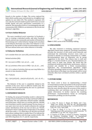 International Research Journal of Engineering and Technology (IRJET) e-ISSN: 2395 -0056
Volume: 04 Issue: 03 | Mar -2017 www.irjet.net p-ISSN: 2395-0072
© 2017, IRJET | Impact Factor value: 5.181 | ISO 9001:2008 Certified Journal | Page 358
linearly in the number of edges. The vertex replaced the
label, which used by same concentrated no.ofneighborsand
updates its own label [19]. This method is repeated. LPA
uses only the network model to guide itself it does not need
modify details and prior information communities in a
network. The downside of LPA is; it candistinguishonlysplit
communities [20]. CONGA is an extension to the Girvan and
Newman’s algorithm.
4.4 Users Online Behavior
The users considered social connection. In Facebook, a
user is creating a individual profile, add other Facebook
friends, and join any community and number of friends[21].
Determining user’s online behavior change work nowadays
as the behavior fluctuates very often. User behavior is very
important for this model is friend recommendation system.
We have defined what users online behavior is formally.
4.5 Behavior Definition
Let’s consider three set: users (US), activities (AC) and
Related activities (RA).
US = {u | users in SNS} = {u1, u2, u3, … , un}
AC= {a | activities of the users in SNS} = {a1, a2, a3, …, am}
RA = {r | a subset of activities that any user may follow in a
session or time duration in SNS}
RA = P (A) (1)
RA = {{a1},{a2},{a3},…,{an},{a1,a2},{a1,a3},…,{a1, a2, a3,…,
an}}
The behavior of the user is completely related to the
activities of the users. Users is different models [22]. The
activities, which are performed by the user in a particular
time duration, denoted as RA.
5. EXPERIMENT RESULTS
To finding, the proposed friendship model is collected the
changes of users friend lists for45daysandfound5,098new
friend pairs. We also arbitrarily selected another 100,000
non-friend pairs, which have no overlap with the 100,000
non-friend pairs used for model training. The twoclusters of
user pairs were test sets for model evaluation the ranking
values’ distributions of the two test set there are 78.42%
friend pairs whose ranking valueislargerthan2.5,byadding
all the bars with x > 2.5, while there are 90.16% non-friend
pairs whose ranking value is smaller than 2.5 to indicate the
common ranking values with the large numbers 66.86, 100,
and 100 in Equations 10, 17, and 20, respectively.
Chart -1: ROC curves of the friendship ranking.
6. CONCLUSIONS
We take reviewed is overlying communal exposure
algorithms based many categories. Overlying communities
provides the structure of real world social networks and
understand the relationship structure every node it is
essential to identify an overlying communities in a LBSNs.
Recommendations plays an imperative role by giving
suggestions to the users. This reduces time to seek new
things at a location beside to user. Recommendations are
assist users to make new friends. We found that the
multilayered model provided better performance, which is
practical and valuable for a friend recommendation
application. Our recommendation algorithms unified
activation spreading to given an event facet as a query. The
key observation in this paper was that people with in social
networks often have correlated activities within a specific
context.
7. FUTURE WORK
Our future work is focus on implementing a friend
recommendation model is grounded on the proposed multi-
layered model. Using the real system to receive feedback
from the users directly about the accuracy of this model is
combining other user attributes such as those based on
update information. In further improve the modeling
performance recommendations based on overlapping
communities profiling can also be possible.
REFERENCES
[1] J. Chen, W. Geyer, C. Dugan, M. Muller, and I. Guy,
“Make new friends, but keep the old: Recommending
people on social networking sites,” in ACM CHI’09, New
York, NY, USA, April 2009.
[2] Y. Zhao, G. Wang, P. S. Yu, S. Liu, and S. Zhang,
“Inferring social roles and statuses in social networks,” in
ACM KDD’13, pp. 695–703, August 2013.
[3] S. Catanese, P. D. Meo, E. Ferrara, G. Fiumara, “Analyzing
the Facebook Friendship Graph”, 1st International
Workshop on Mining the Future Internet, MIFI, 2010.
 