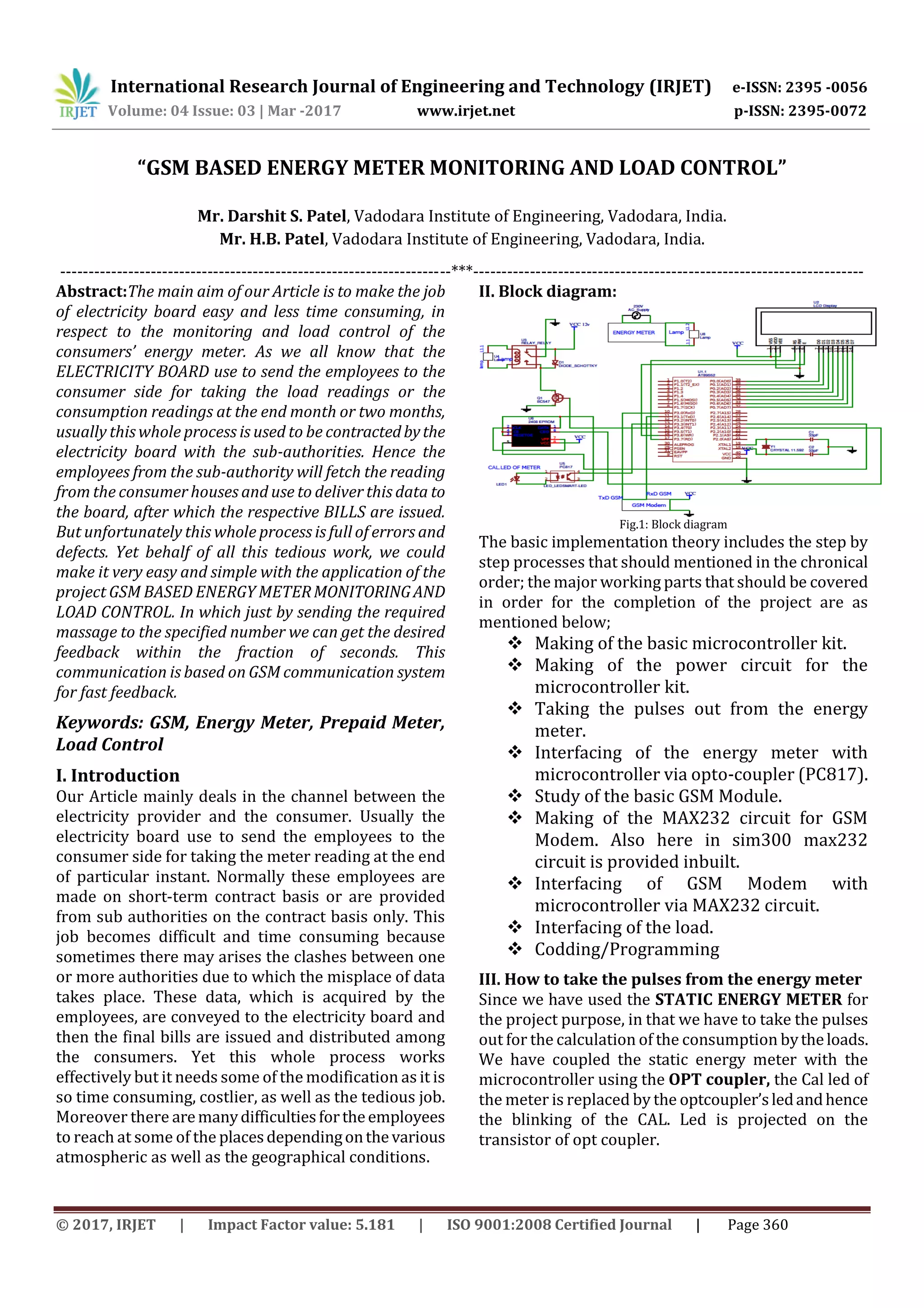 Gsm Based Energy Meter Monitoring and Load Control | PDF